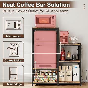 Mini Fridge Stand Coffee Bar Cabinet Station With Small Refrigerator Insert Storage Space, Shelf Organizer For Dorm Microwave To Sit On, Baker Rack With Power Outlet, Big Table To Go Over Hide Fridge