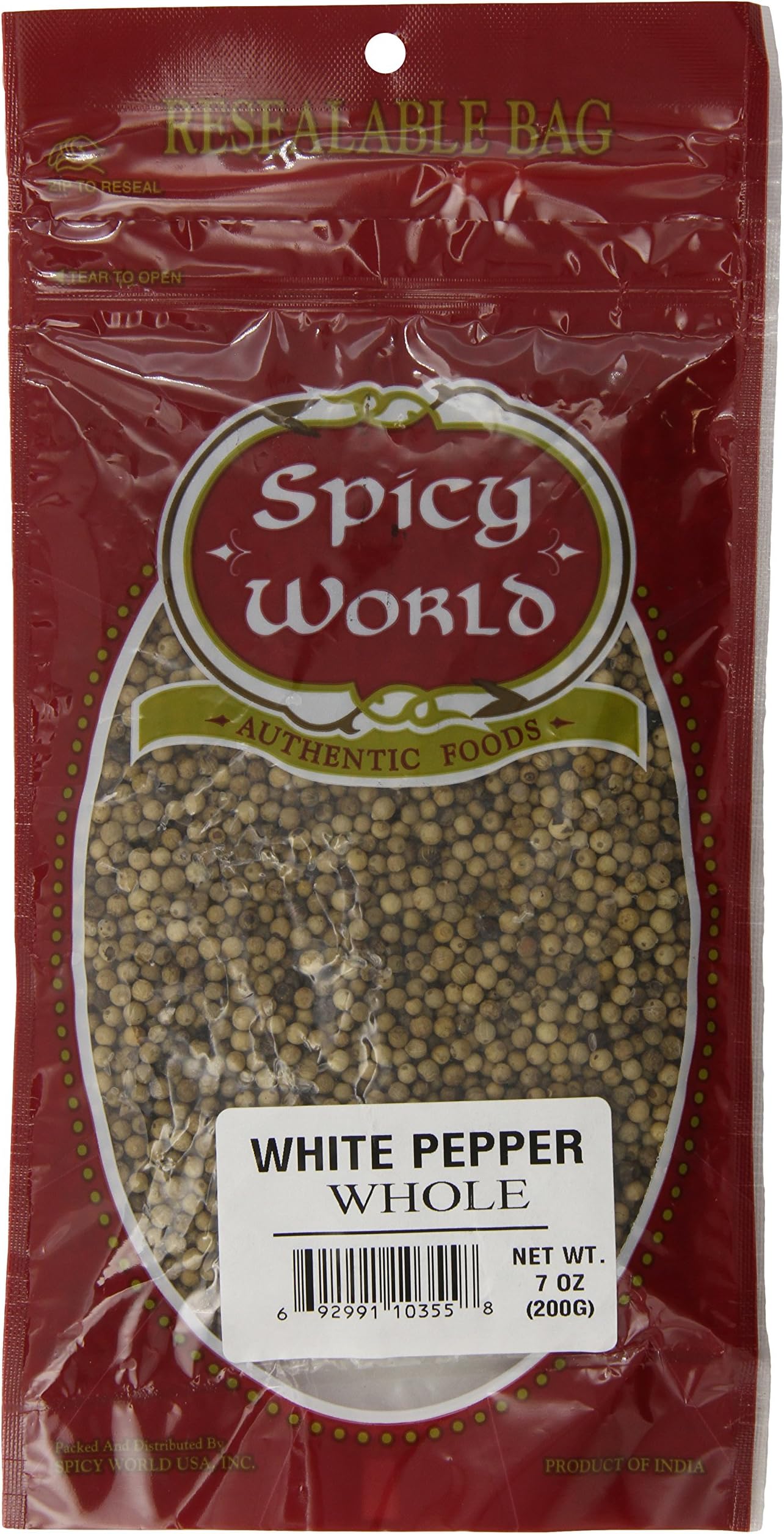 Spicy World Whole White Peppercorns, 7 Ounce Pouch