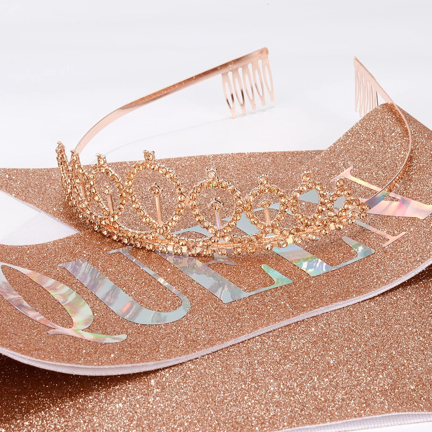 CAVETEE Champagne Gold Birthday Queen Crown and Sash Set - Rhinestone Tiara and Sash - Women's Birthday Decorations - Image 7