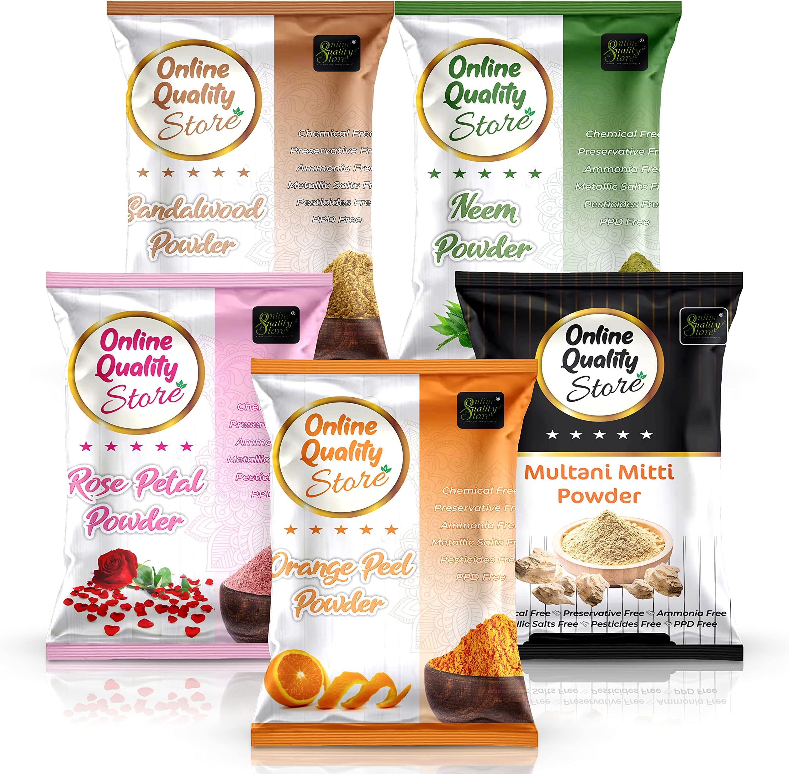 Multani Mitti Powder + Chandan + Orange Peel + Neem + Rose Powder (Pack of 5) 400g