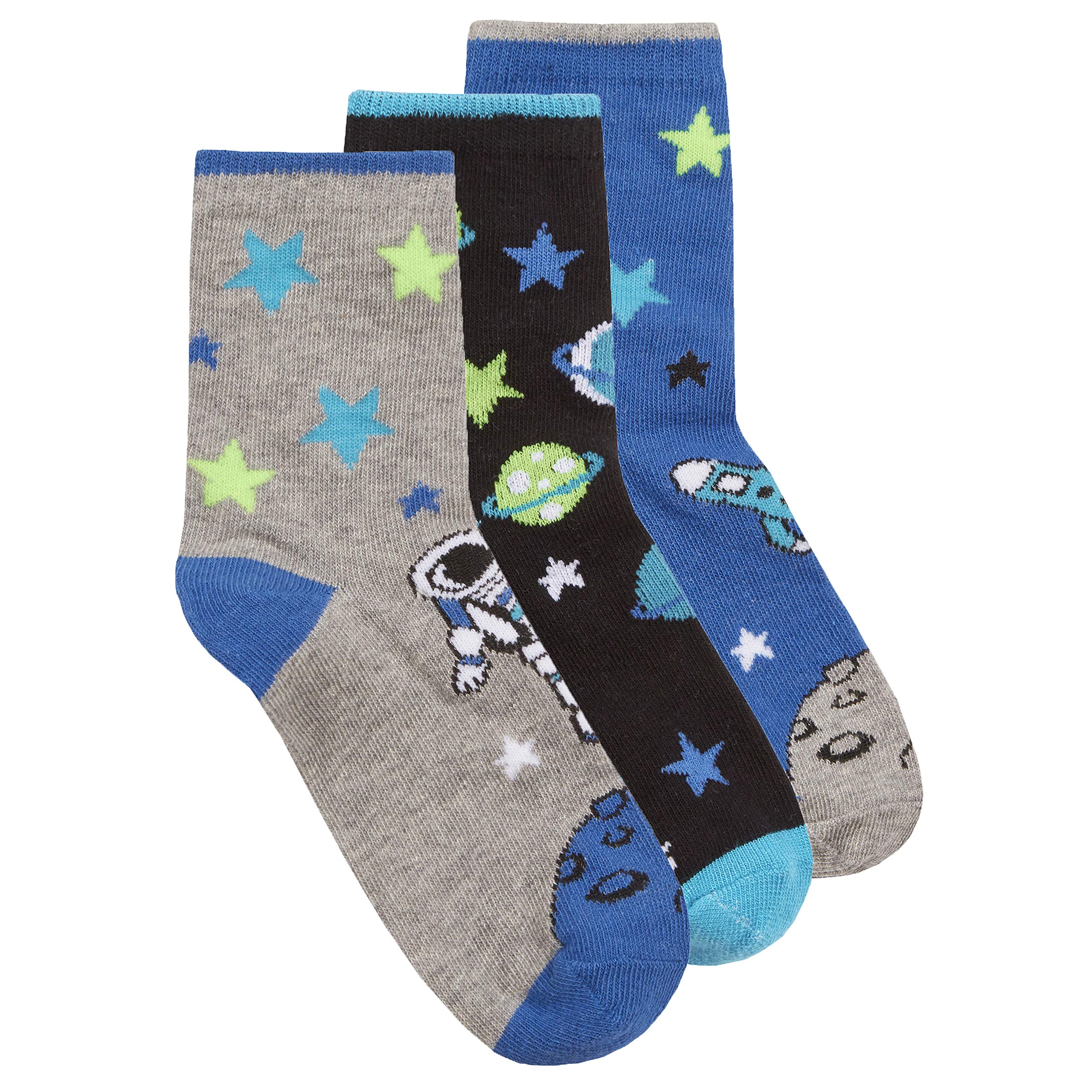 Metzuyan Boys 3 Pair Pack Cotton Rich Novelty Colourful Design Socks Space 6-8.5