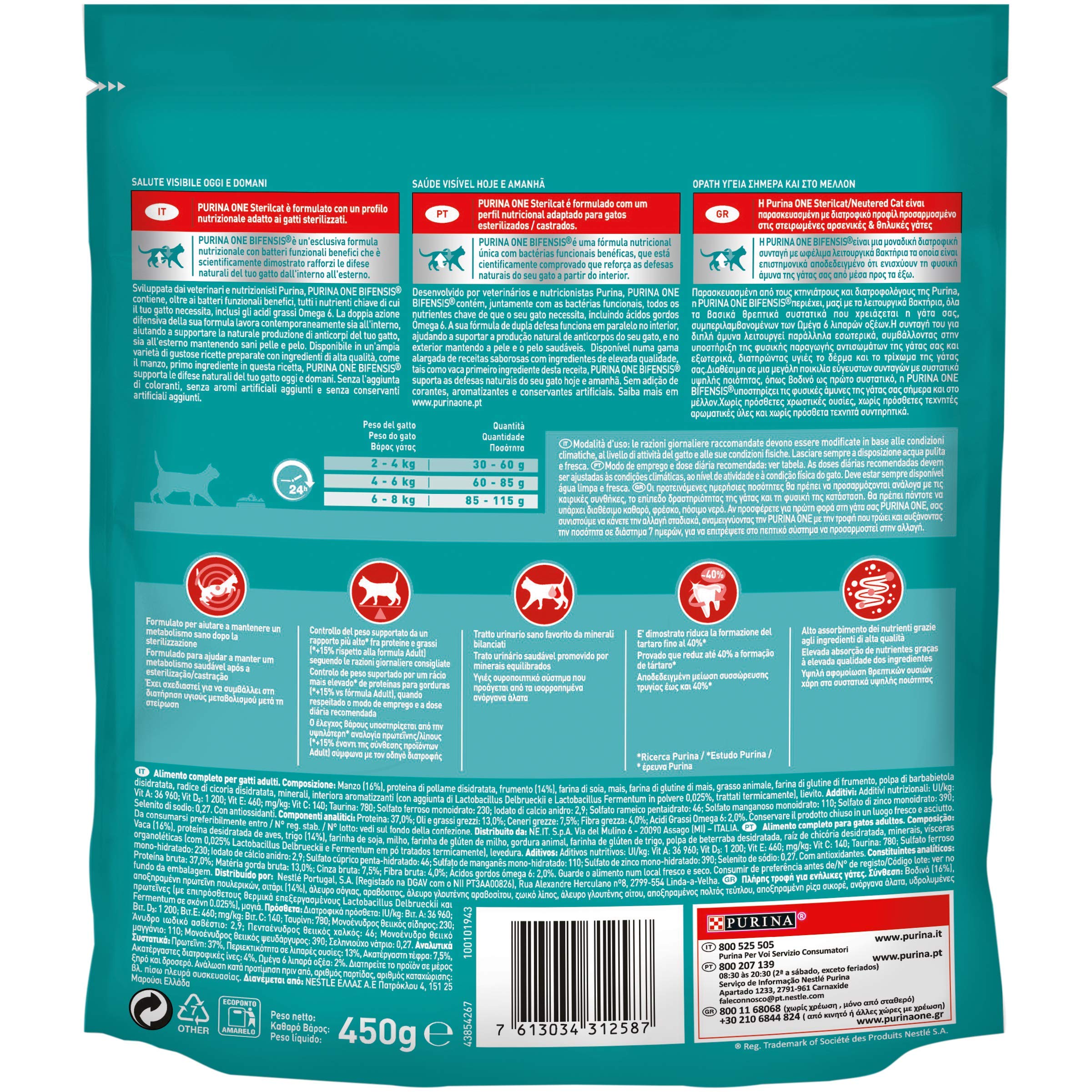 Purina One Bifensis Sterilcat Crocchette Gatto Sterlizzato, Ricco in Manzo e Frumento - 10 sacchi da 450 g ciascuno (Confezione da 10 x 450 g) | Confezione 10x450g | Difese immunitarie