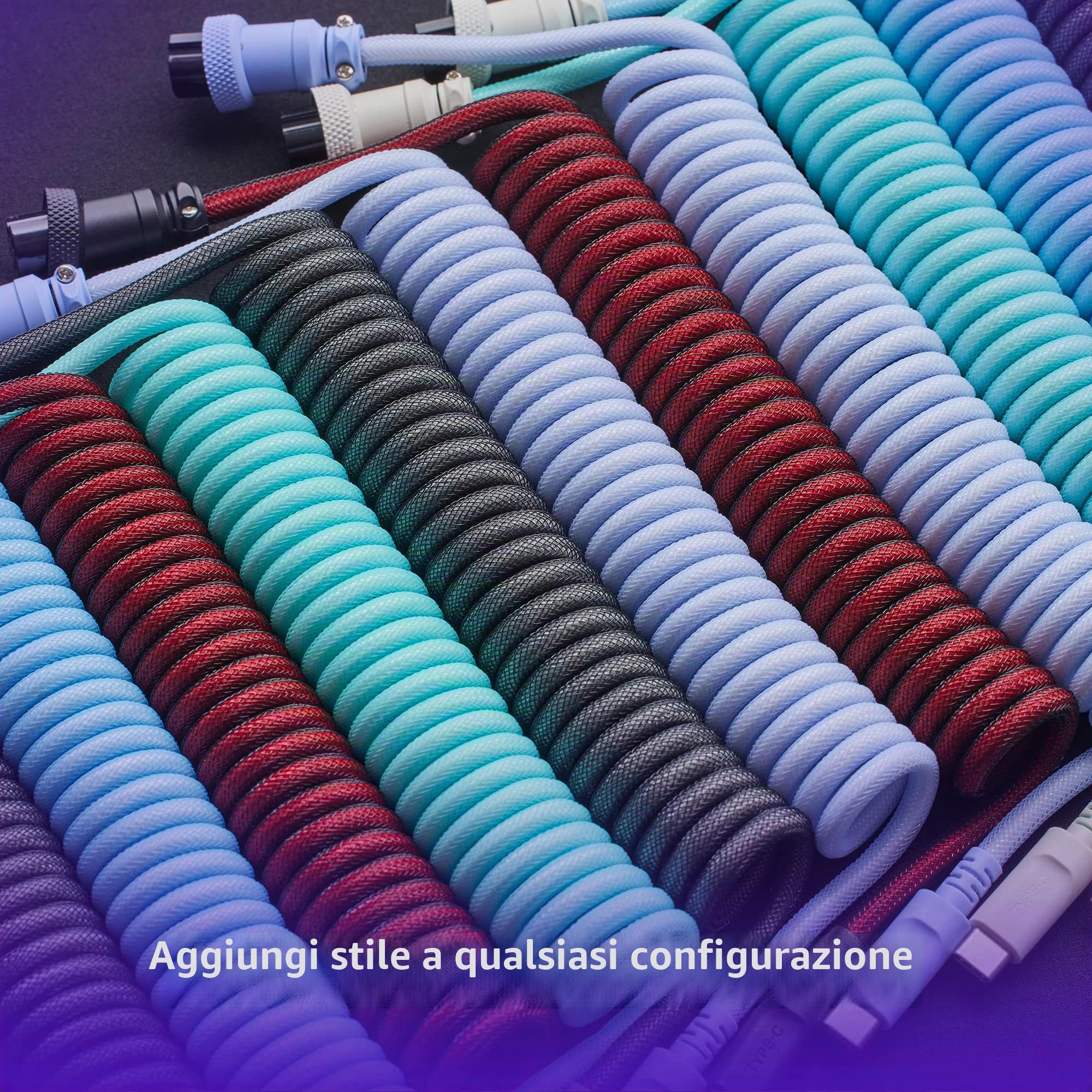 HyperX Cavo a spirale flessibile, Collegamento USB-A/USB-C, Connettore aviator a 5 terminali a sgancio rapido, Collegamento per tastiera, Design a doppia guaina telata resistente, Grigio