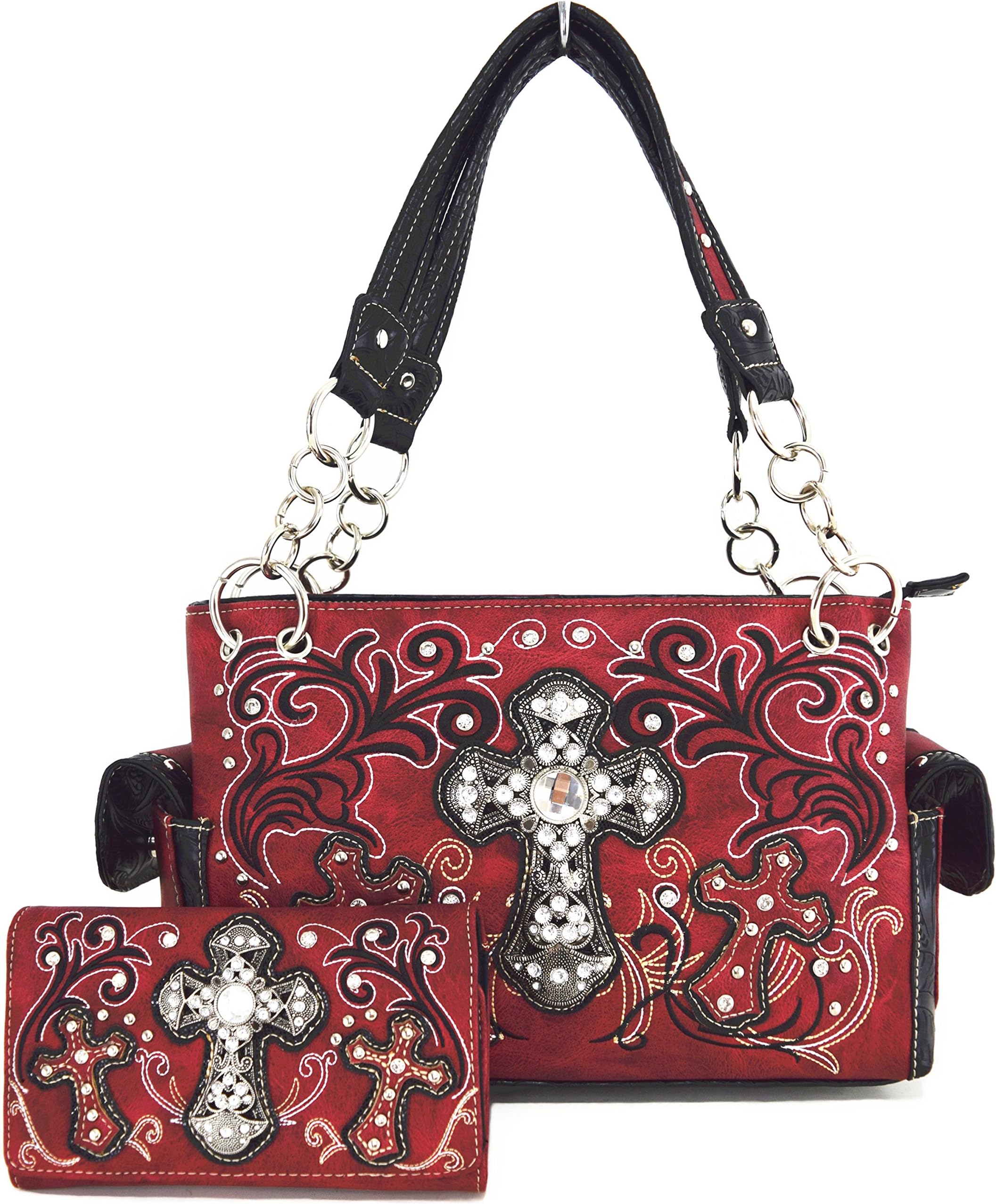 Wendy Keen West Concealed Carry Rhinestone Cross Country Purse Handbag Messenger Shoulder Bag Wallet Set (Red Set)