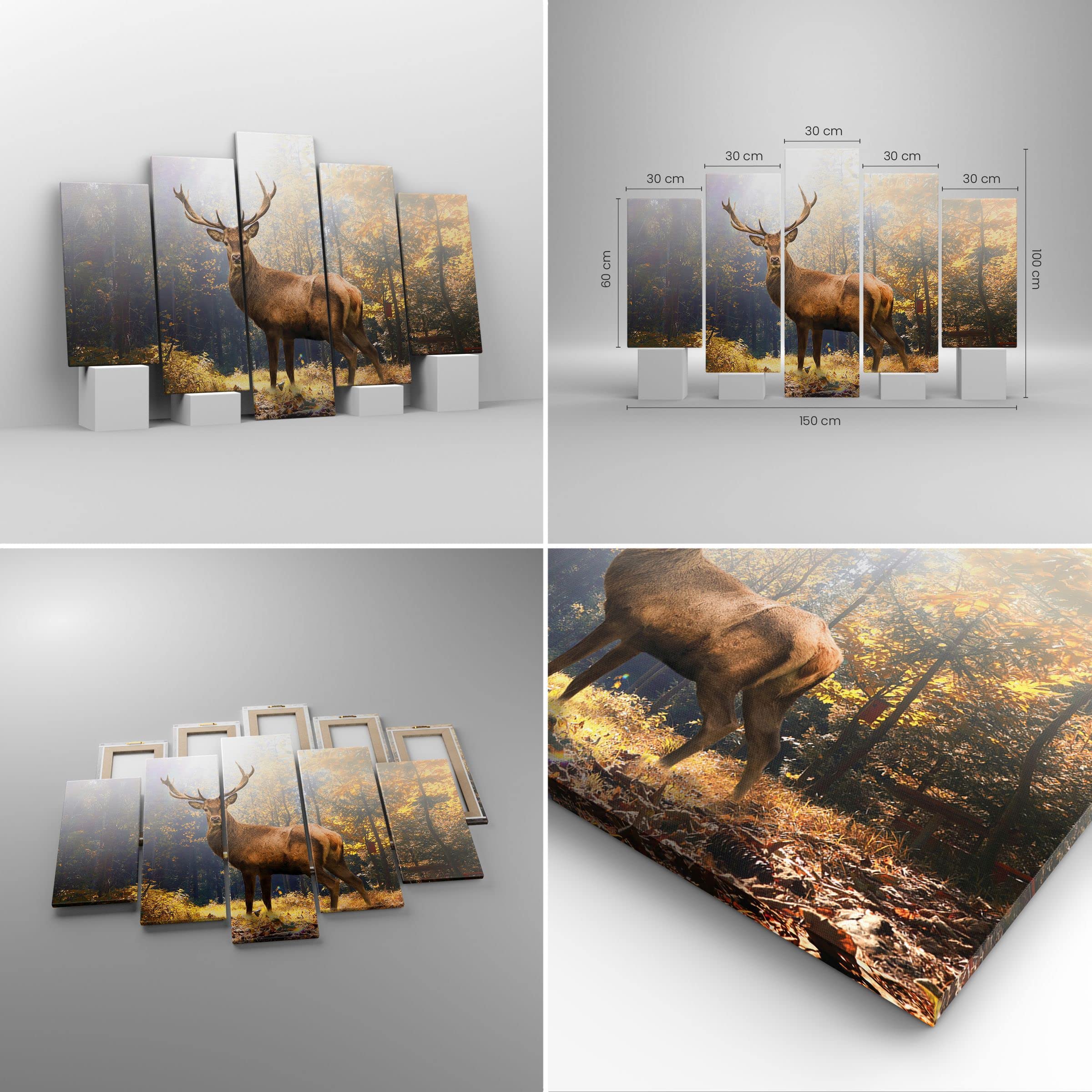 Lienzos decorativos 150x100cm Cuadro Sobre Lienzo Moderno Ciervos naturaleza paisaje decoración Grande Dormitorio Cuadros Pared Tríptico 5 Piezas Cuadros Decoracion Salon Wall Art EA150x100-3126