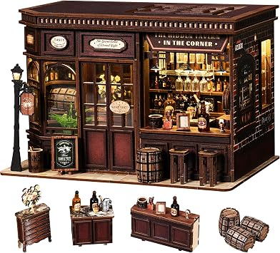 MAKEASY Book Nook Kits for Adults, Corner Tavern DIY Miniature Kit with LED Lights, 3D Wooden Puzzle Bookshelf Insert - Vintage Pub Themed Dollhouse Craft, Creative Home Desk Decor & Book Lover Gifts