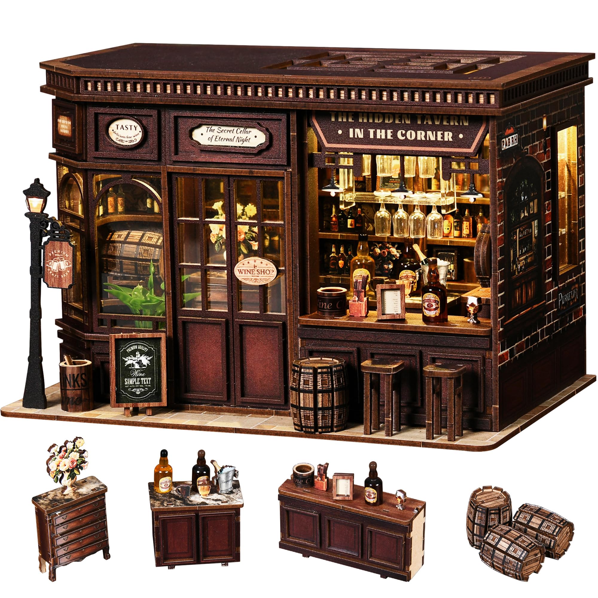 MAKEASY Book Nook Kits for Adults, Corner Tavern DIY Miniature Kit with LED Lights, 3D Wooden Puzzle Bookshelf Insert - Vintage Pub Themed Dollhouse Craft, Creative Home Desk Decor & Book Lover Gifts — image 1