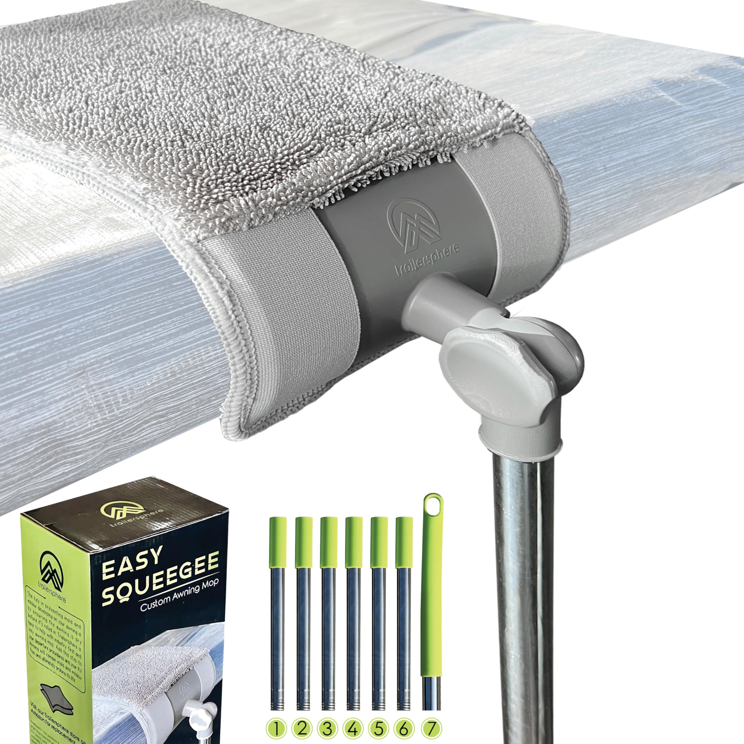 Easy Squeegee - Mopa Profesional Personalizada para toldo de casa rodante y hogar, Cabezal Giratorio y bloqueable, Poste Extensible con Almohadilla de fregona de Doble Cara, Almohadilla