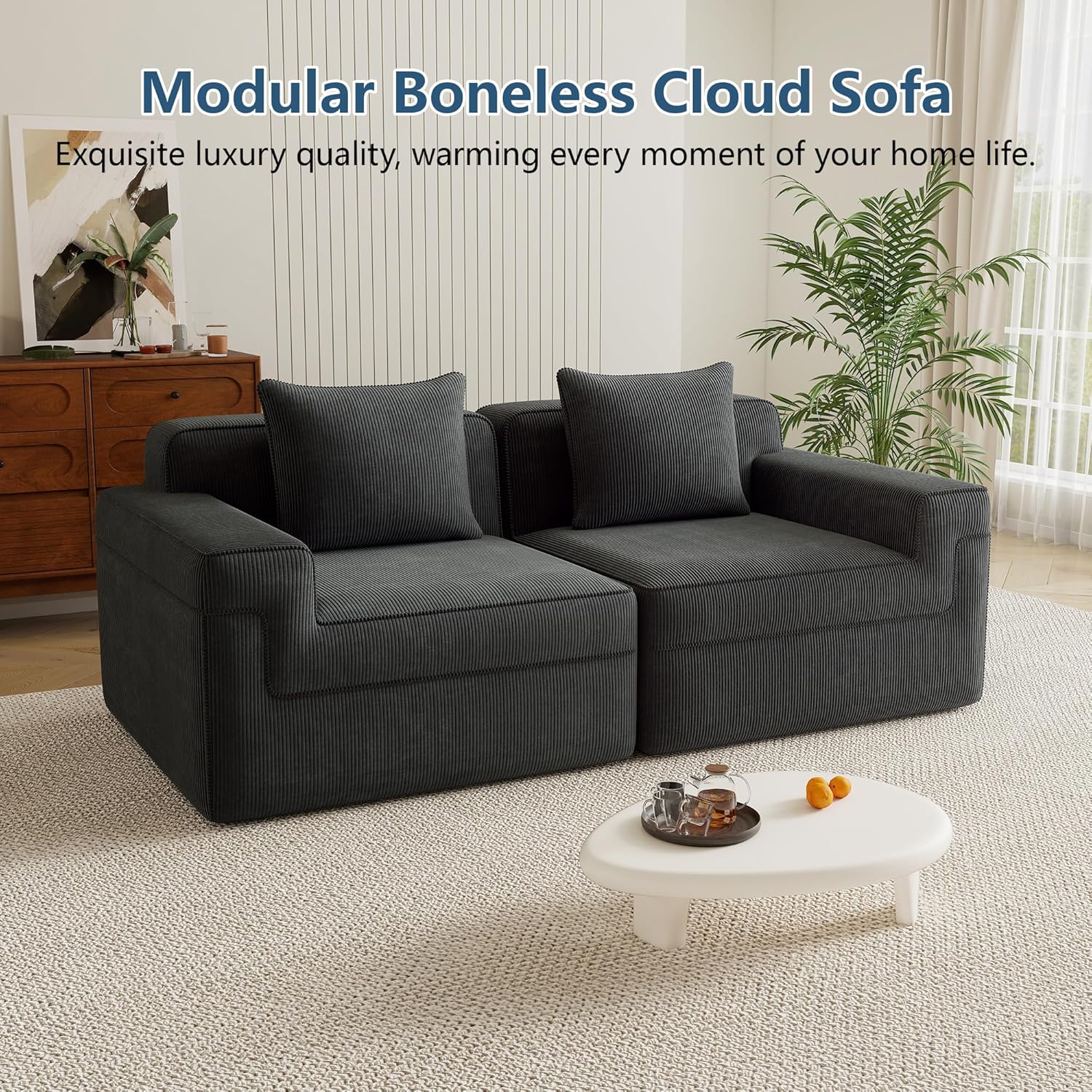81.1" Loveseat, No-Assembly Boneless Modular Sectional Couch, 32D Solid Foam Corduroy Sofa with Pillow, Deep Seat Wide Armrests Couches for Living Room
