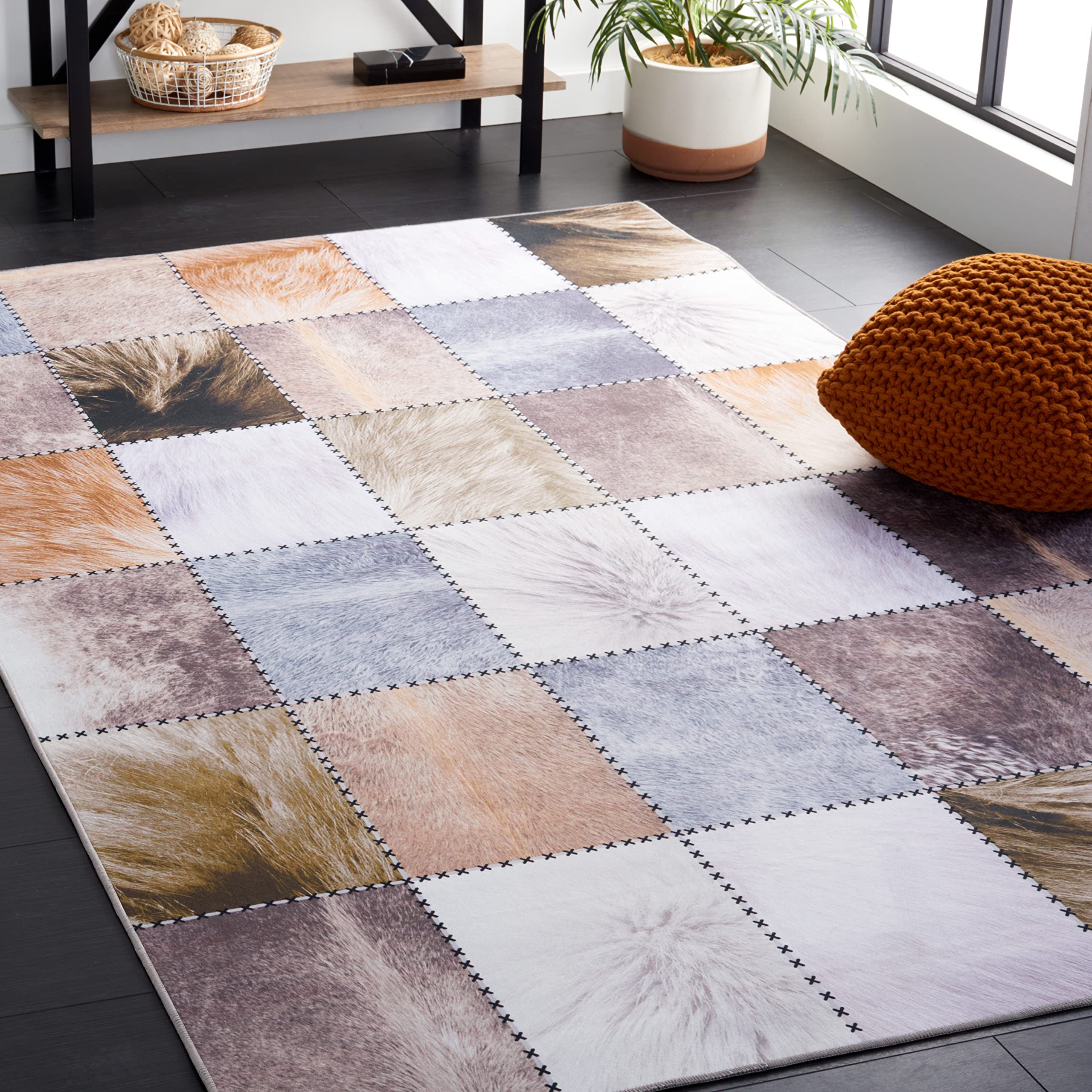 SAFAVIEH Washable Rug Faux Hide Collection - 5' x 8', Beige & Brown, Slip Resistant, Western Rustic Decor, Printed Pattern, Ideal for Living Room,
