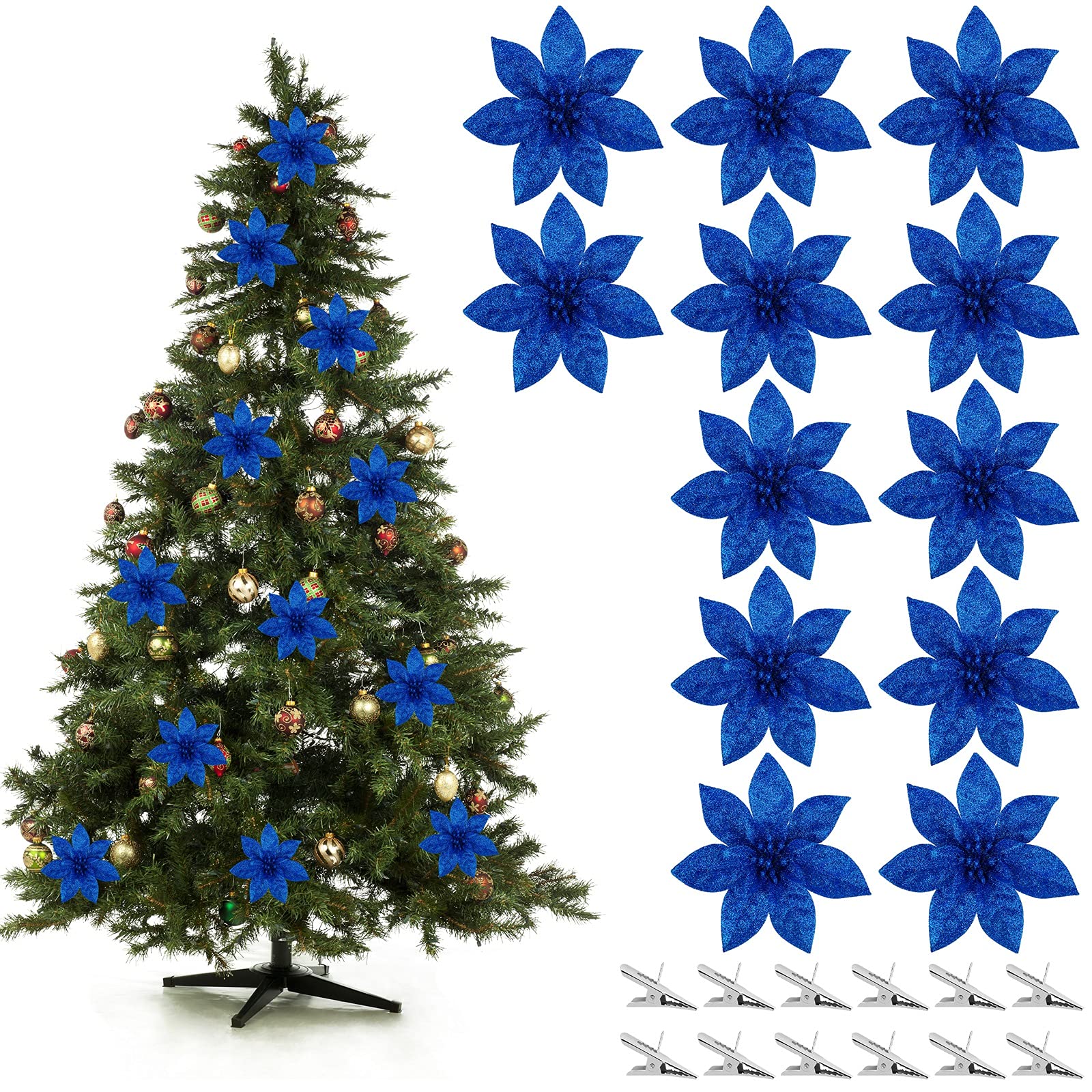 MCEAST 12 Pieces Christmas Glitter Poinsettia Flowers Christmas Tree Flower Decorations Xmas Tree Ornaments with Clips Wedding, Christmas, Holiday Tree Decor (Blue)