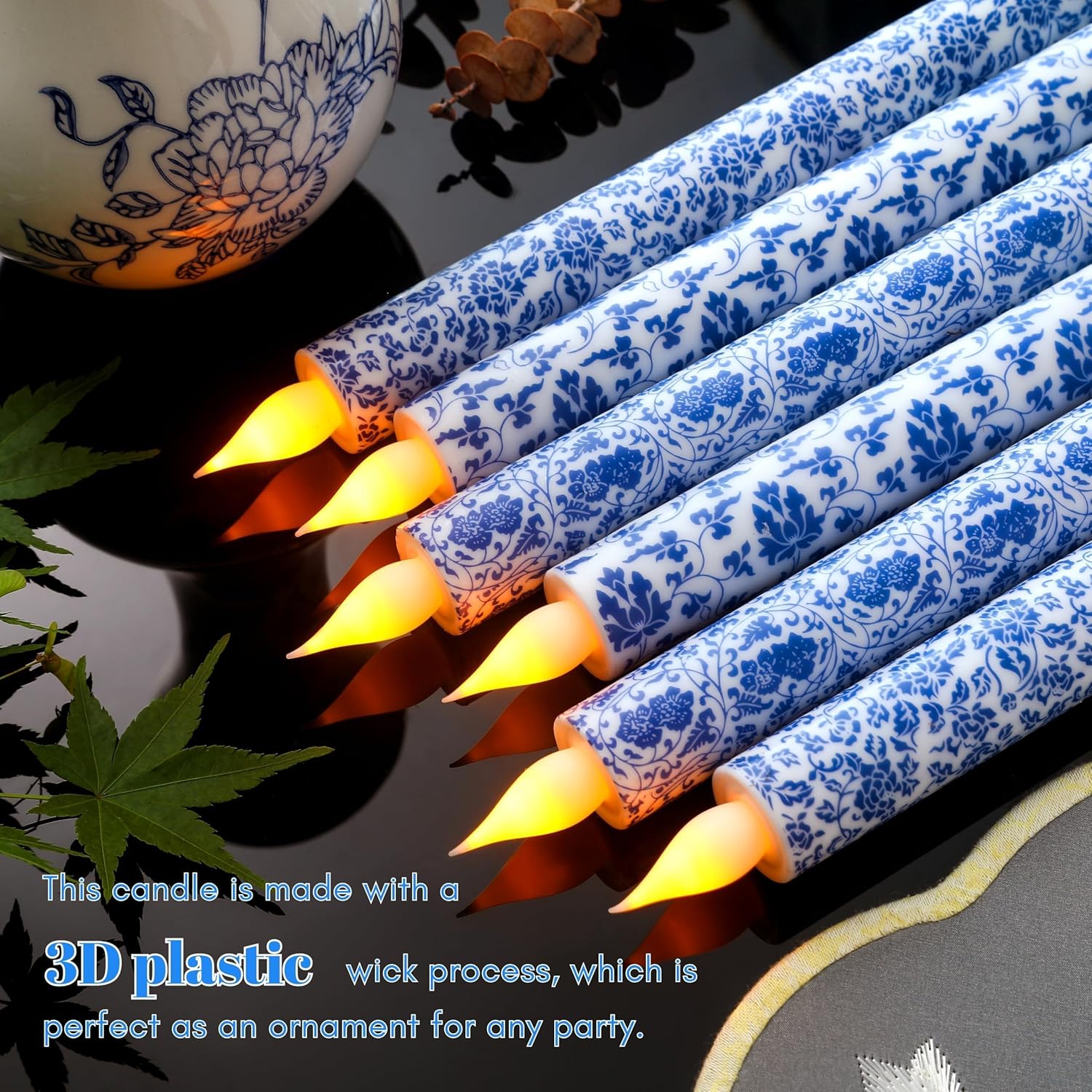 6 Pcs Blue and White Chinoiserie Flameless Candles – 10.6 Inch Porcelain Style Taper Candlesticks, Battery Operated LED Blue Candles for Wedding, Home & Table Centerpiece Decor