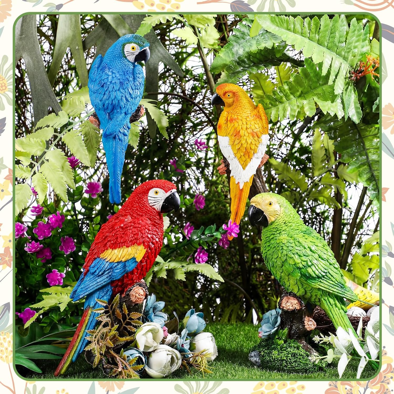 Jetec Parrot Decor Outdoor Tiki Bar Decor Large Realistic Parrot Statues Outside Lifelike Bird Sculptures Garden Patio Yard Lawn Figurines for Tropical Animal Tree Wall(4 Pcs,Blue,Red,Yellow,Green)
