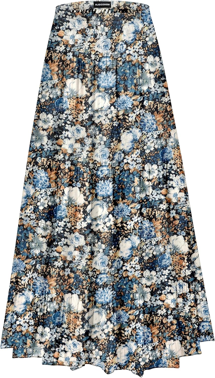 Womens Chiffon Long Skirt Elastic High Waist Floral Maxi Skirts Tiered Pleated A Line Boho Flowy Long Skirts