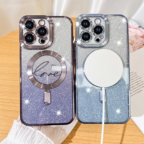 Vista 394 de Fiyart - Funda transparente magnética con purpurina para iPhone 12 para mujeres, con grabado "Love" metálico, protección para cámara y antigolpes