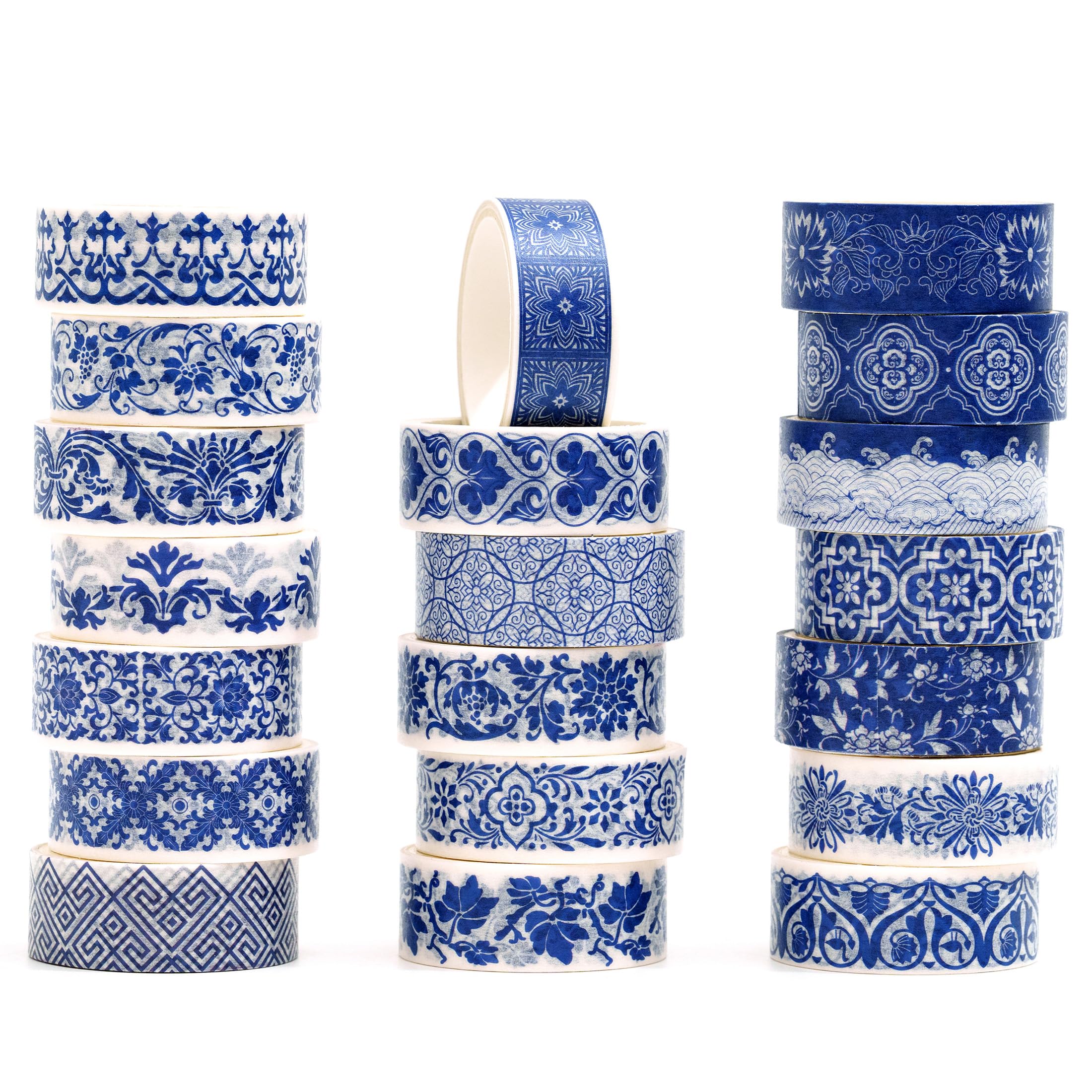 Songdao Blue & White Porcelain Washi Tape Set, Traditional Chinese Ceramic Pattern Decorative Masking Tapes, Oriental Art for Craft, Scrapbook, DIY, Gift Wrapping (1-Porcelain Grace/20 Rolls)