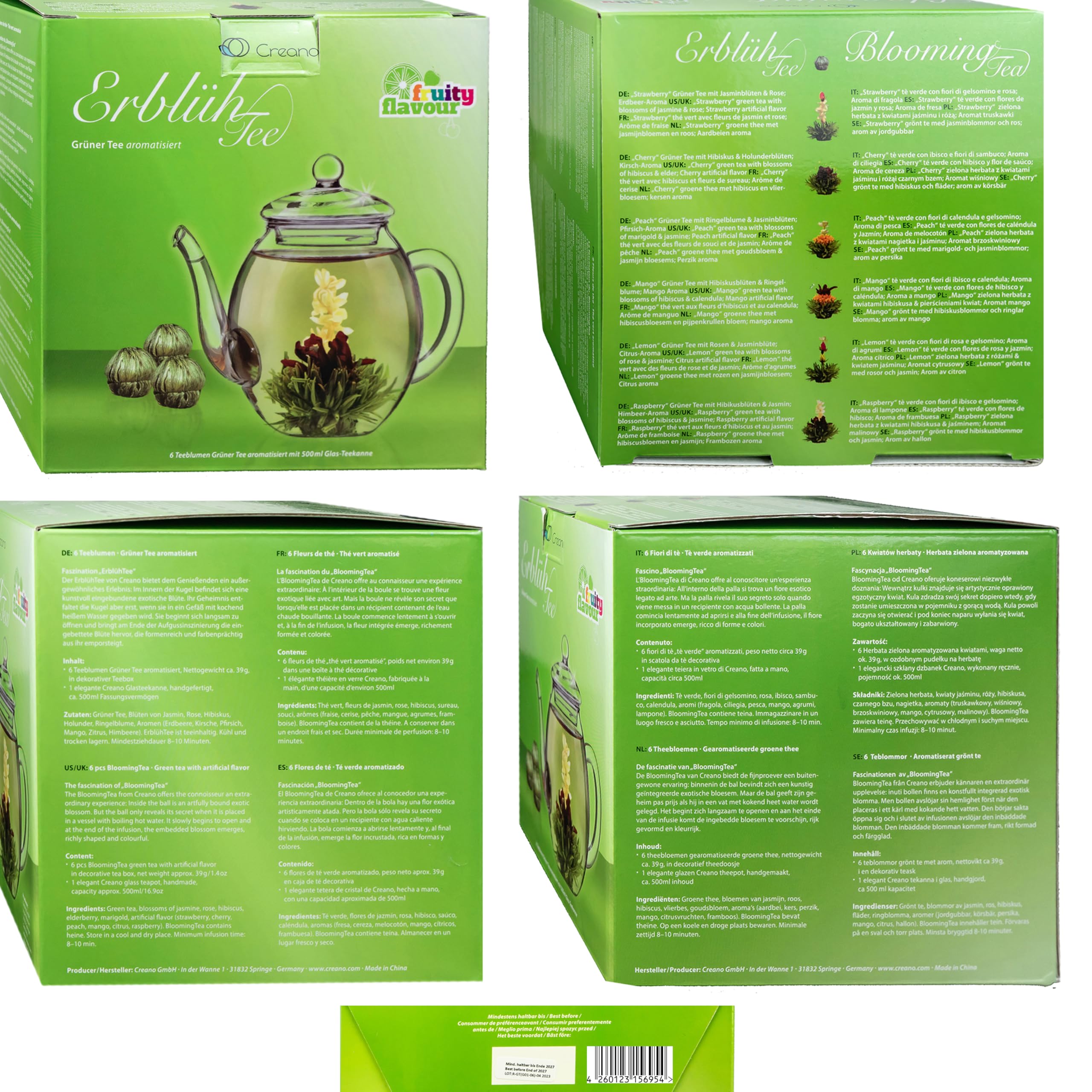 Creano „Fleurs de Thé“ Verts 6 pcs Boîte Cœur – Théière en Verre 500ml sans goutte – 6 variétés de thé vert – Cadeau romantique