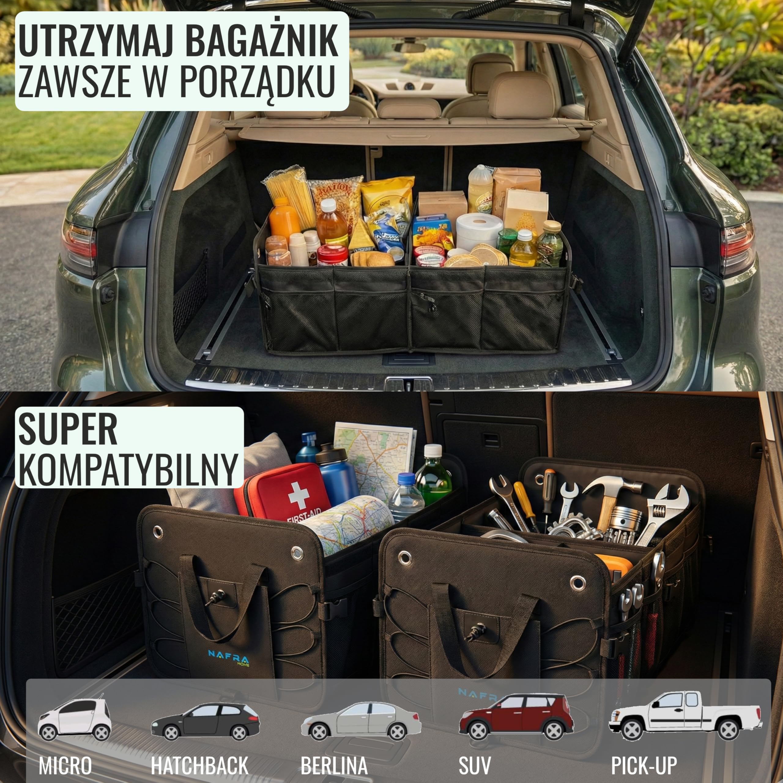 Organizer do Bagażnika 65L – Organizer Samochodowy Składany z Pokrywą i Antypoślizgowym Spodem – Torba do Samochodu z Tkaniny Oxford 600D, Sztywna Konstrukcja, Czarny