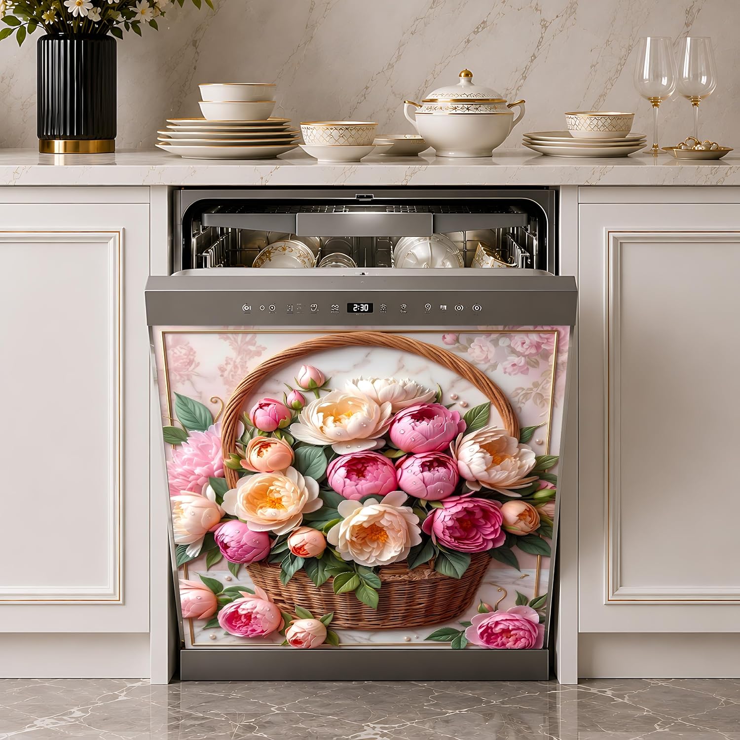 Dishwasher Magnet Cover Decorative, Pink Rose Basket - Magnetic Dishwasher Cover for the Front, Removable Dishwasher Cover Magnet, Refrigerator Magnetic Cover Panel, 23x26 in