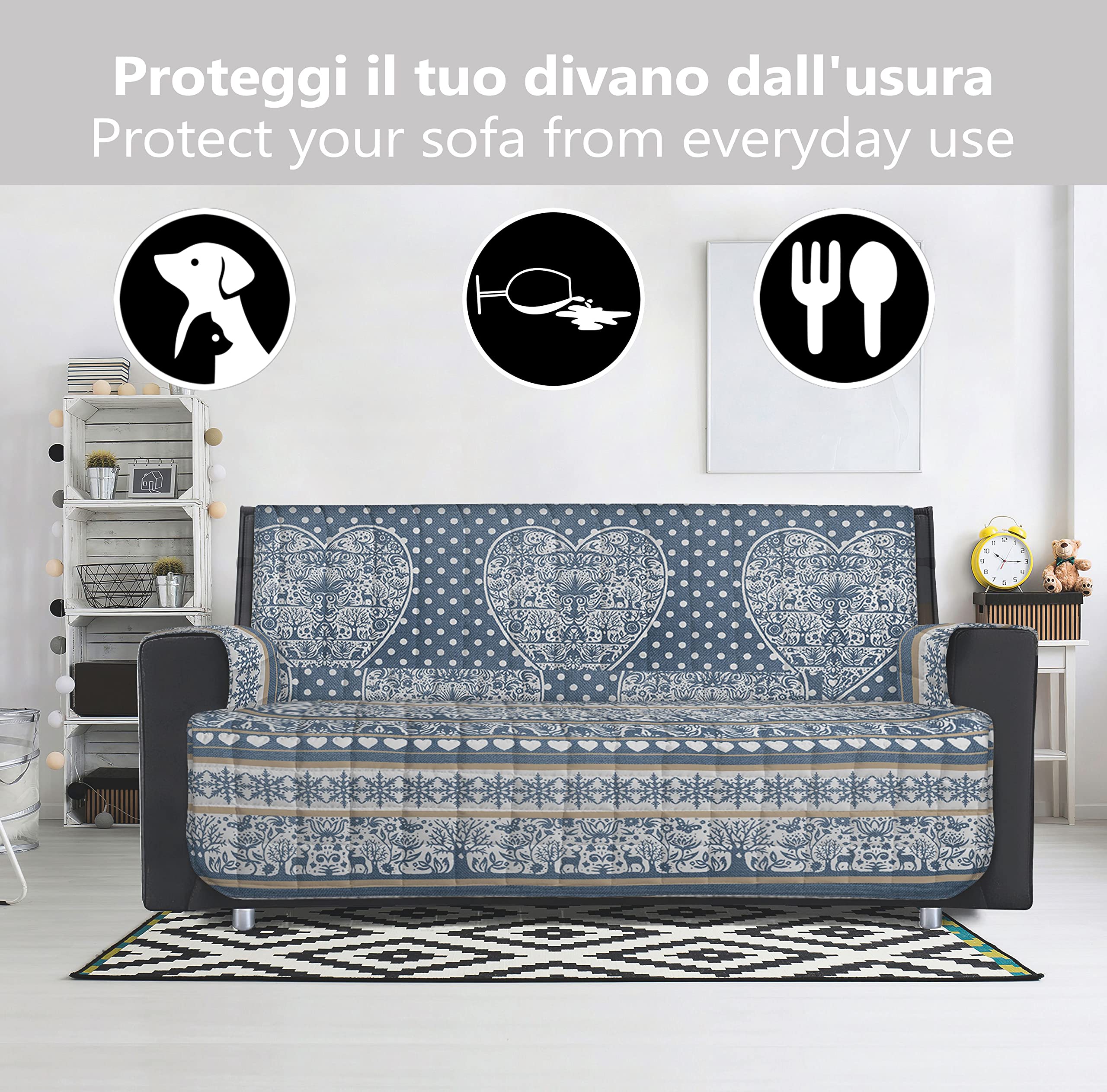 HomeLife Telo Copridivano 3 posti con Braccioli in Cotone Made In Italy | Copridivani 3 Posti Antimacchia e Idrorepellente | Copri Divano 3 Posti Antiscivolo | Fantasia Tirolese Blu
