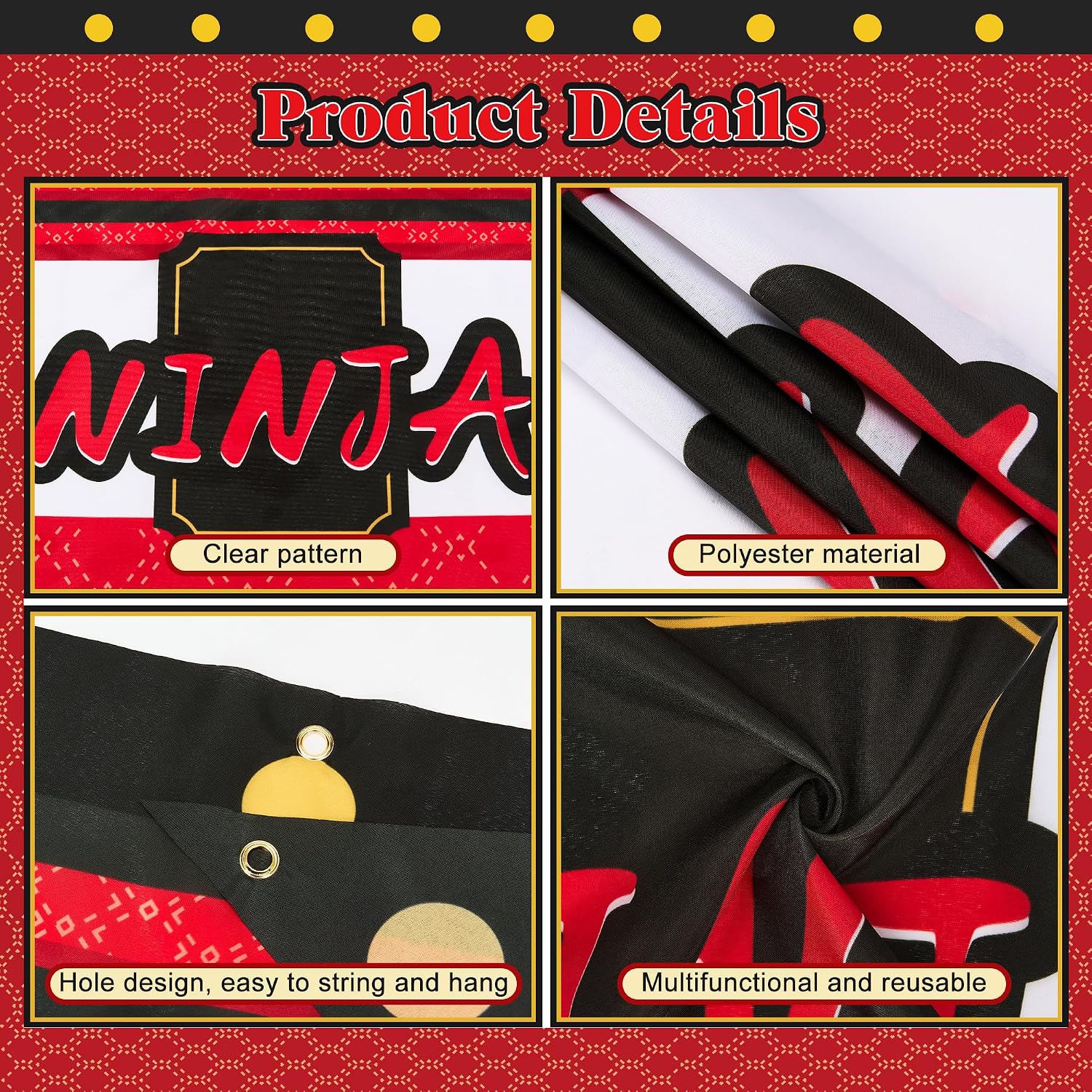 5 Pcs Ninja Birthday Party Porch Banner with Black Fringe Backdrop Curtains image 3
