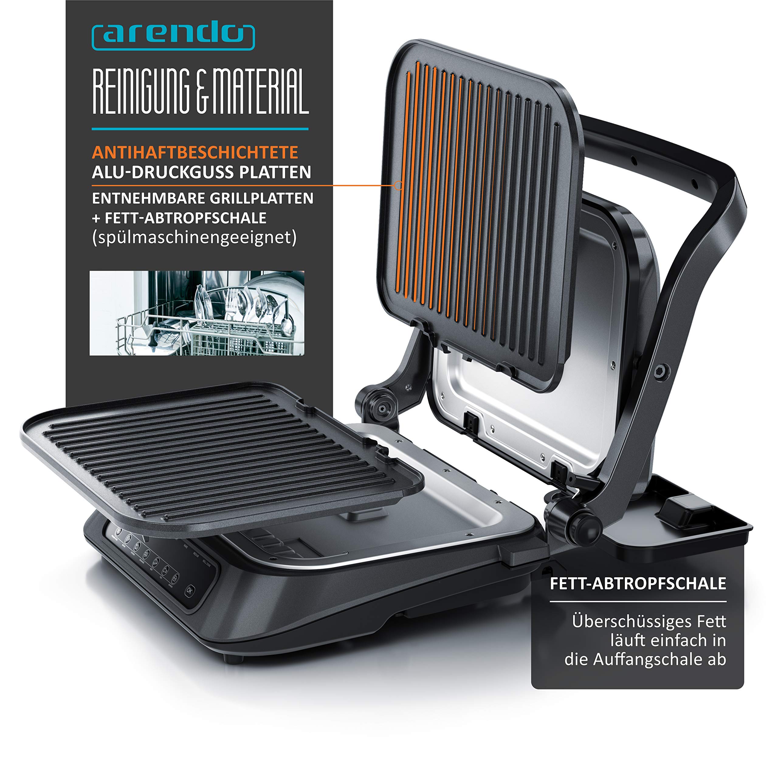 Arendo - Griglia a contatto - Griglia elettrica - Griglia elettrica da tavolo con controllo digitale 1900 W - Sandwich maker - 7 programmi - Acciaio inossidabile antiaderente - Piastre rimovibili