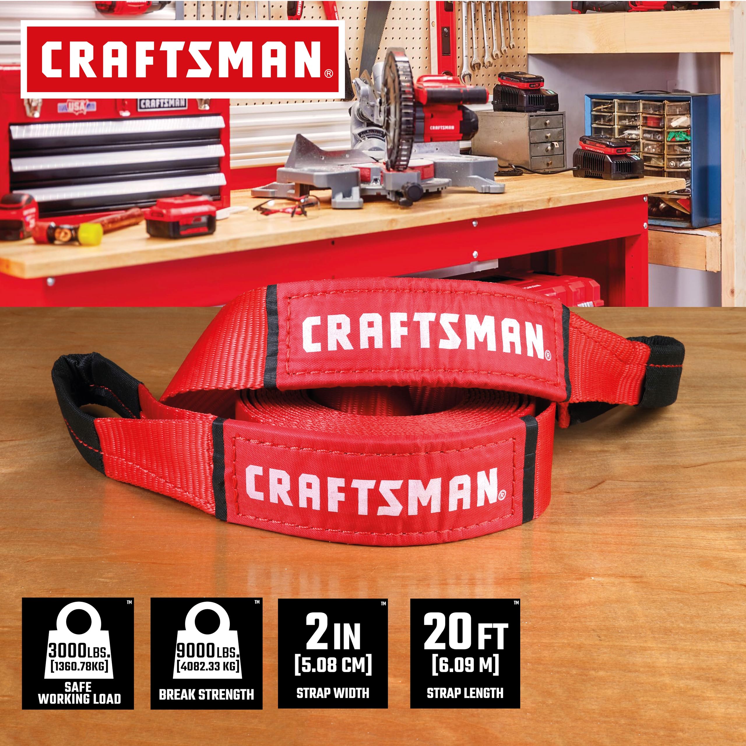 CRAFTSMAN CMXAZBS2001 Abschleppgurt mit Schlaufenenden, 5,1 cm x 5,1 m, 1,4 kg sichere Wortking-Last/4,1 kg Bruchfestigkeit, Schwarz/Rot