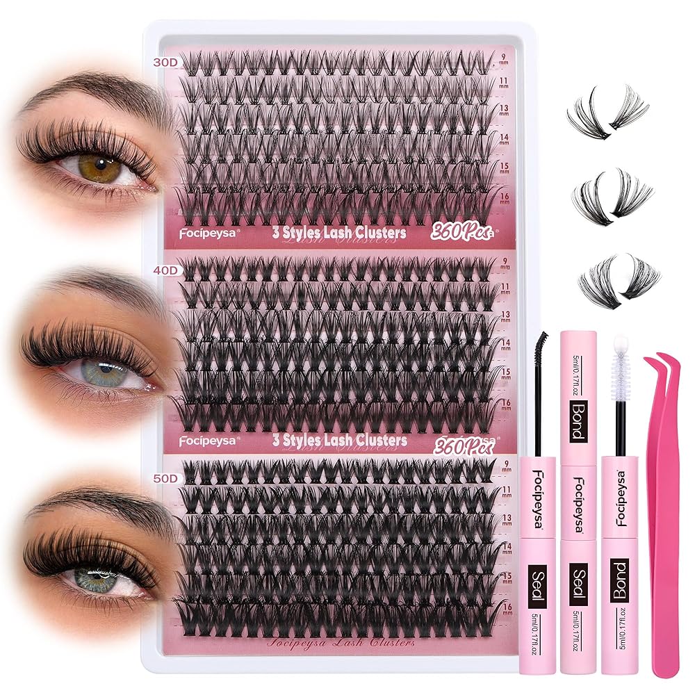 Focipeysa Wispy Lash Clusters 360pcs Eyelash Extension 30D 40D 50D Individual Lashes 9-16mm Mixed Eyelash Clusters Natural Lash Extensions with Lash Bond and Seal and Tweezers DIY Cluster Eyelashes