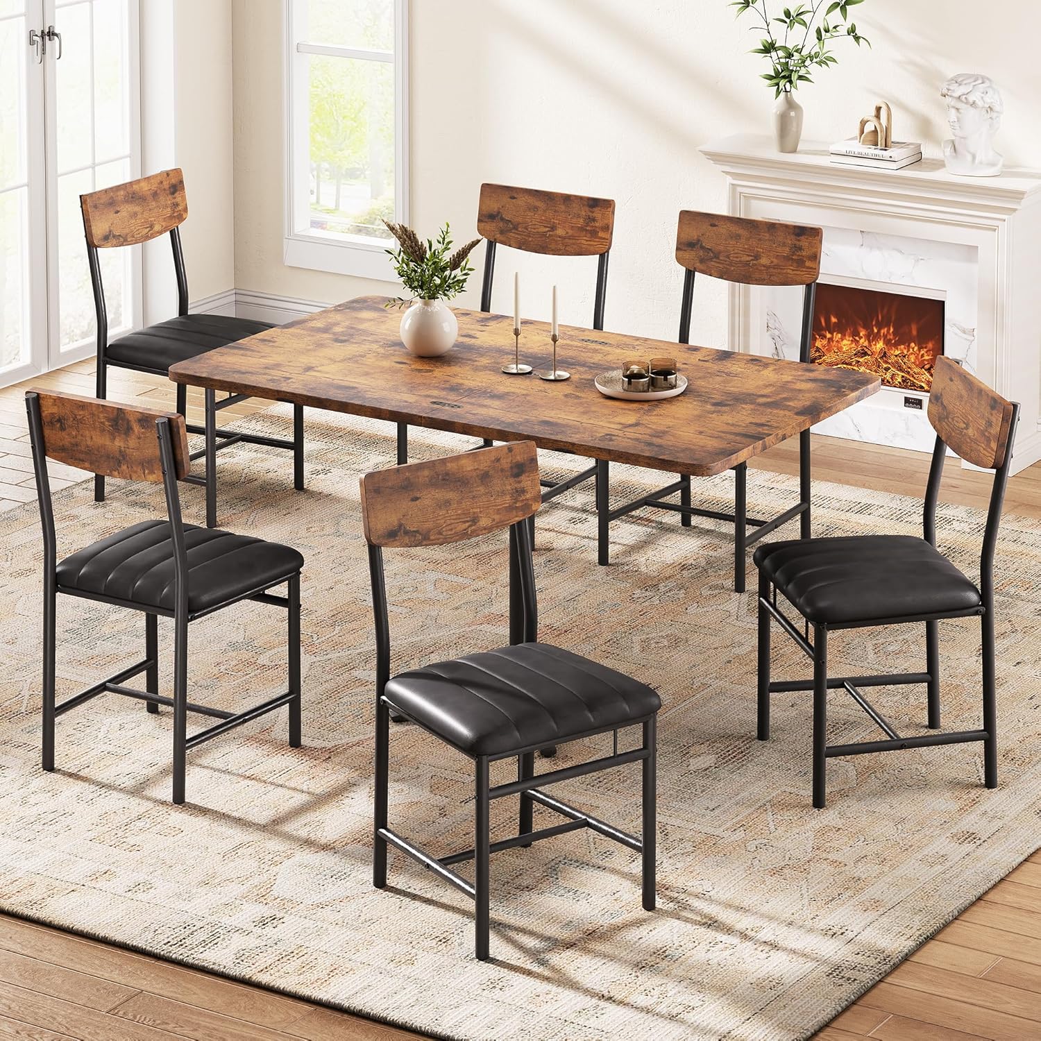 Jocoevol Industrial Dining Chairs Set of 6 - Upholstered Dining Room Chairs with PU Leather, Kitchen Chairs with Wooden Backrest and Thickened Metal Legs, for Dining Room, Living Room (6, Vintage)