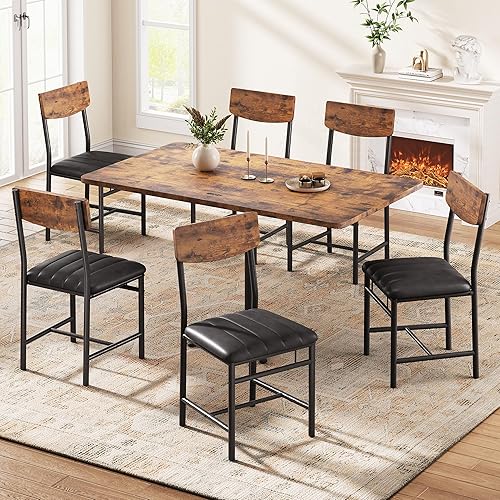 Juego de 6 sillas de comedor industriales, sillas de comedor tapizadas con piel sintética, sillas de cocina con respaldo de madera y patas de metal