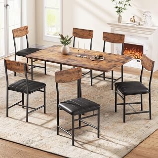 Jocoevol Industrial Dining Chairs Set of 6 - Upholstered Dining Room Chairs with PU Leather, Kitchen Chairs with Wooden Backrest and Thickened Metal Legs, for Dining Room, Living Room (6, Vintage)