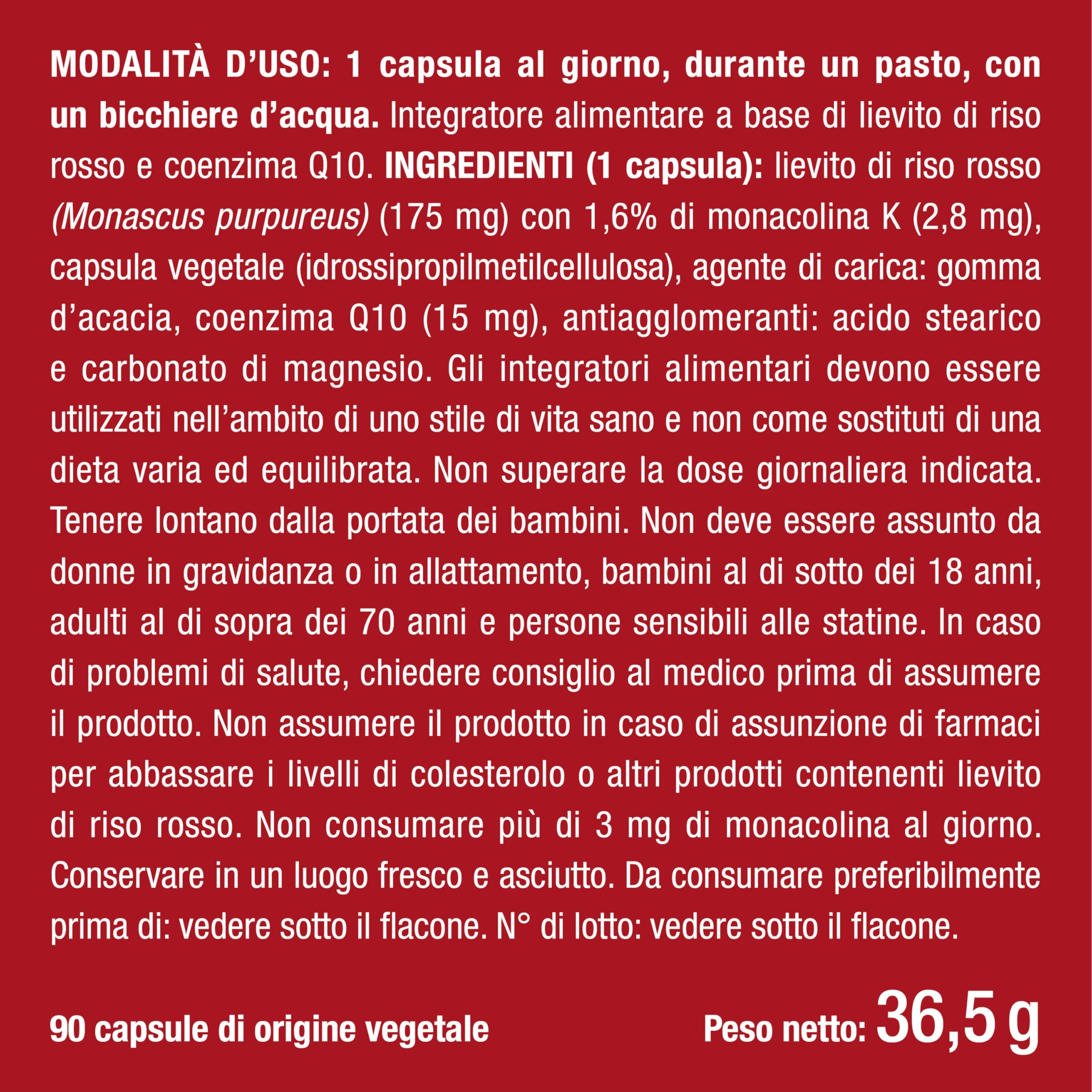 Lievito di Riso Rosso | Ricco di Coenzima Q10 | Con 2,8 mg di Monacolina K | 90 Capsule