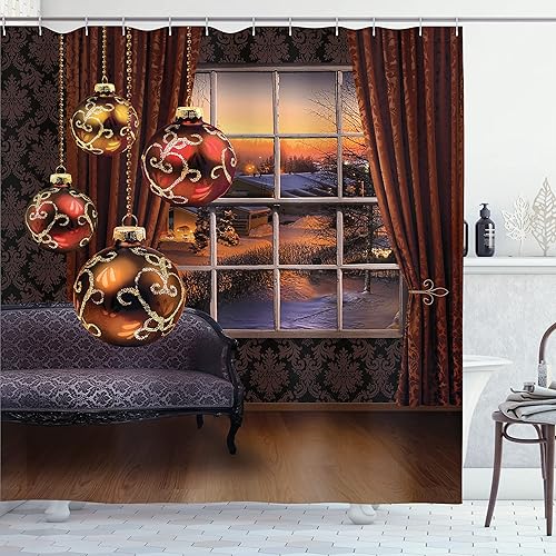 Miniatura 57 de Ambesonne Cortina de ducha de Navidad, estilo retro, palabras de deseos de Navidad con forma de árbol con adornos, juego de decoración de baño de