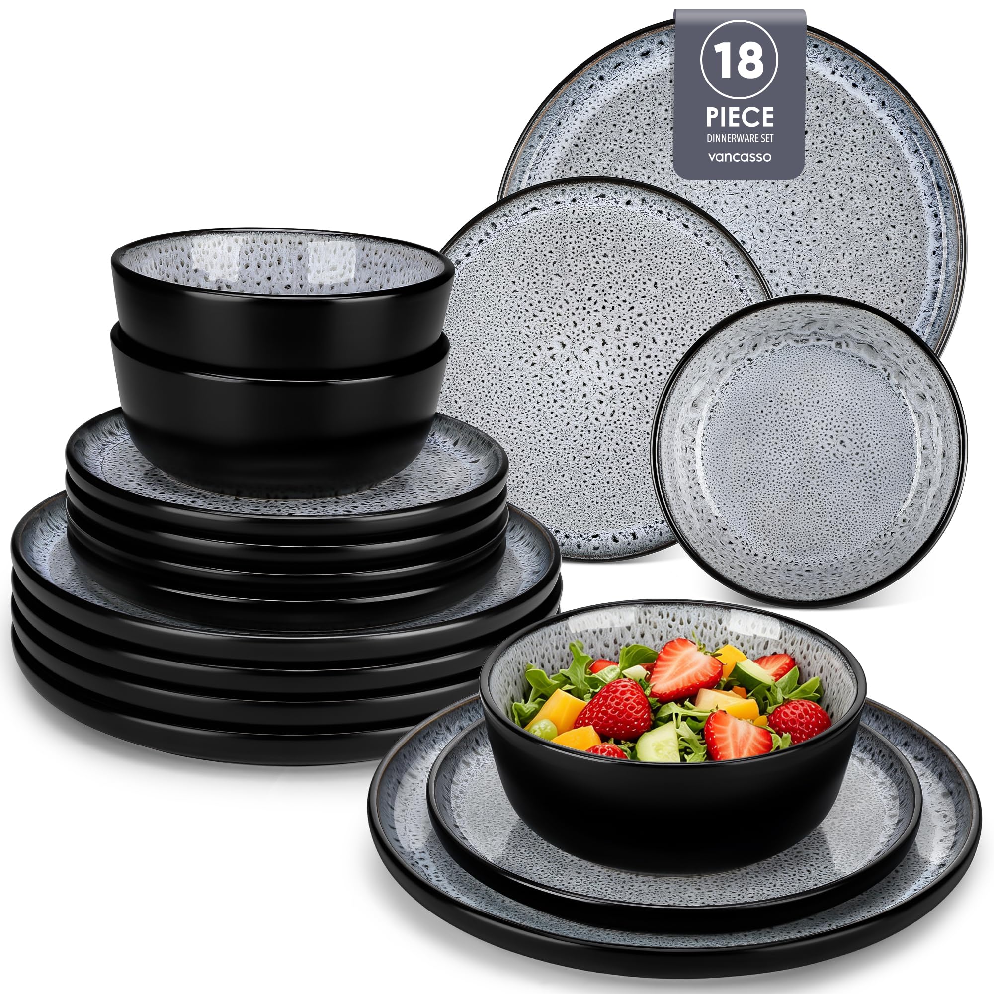 vancasso Bubble 18 Piece Stoneware Dinner Set for 6, Reactive Glaze Ceramic Plates and Bowls Set, 26cm Dinner Plates, 21cm Side Plates & 840ml Bowls, Grey Crockery Set, Microwave & Dishwasher Safe