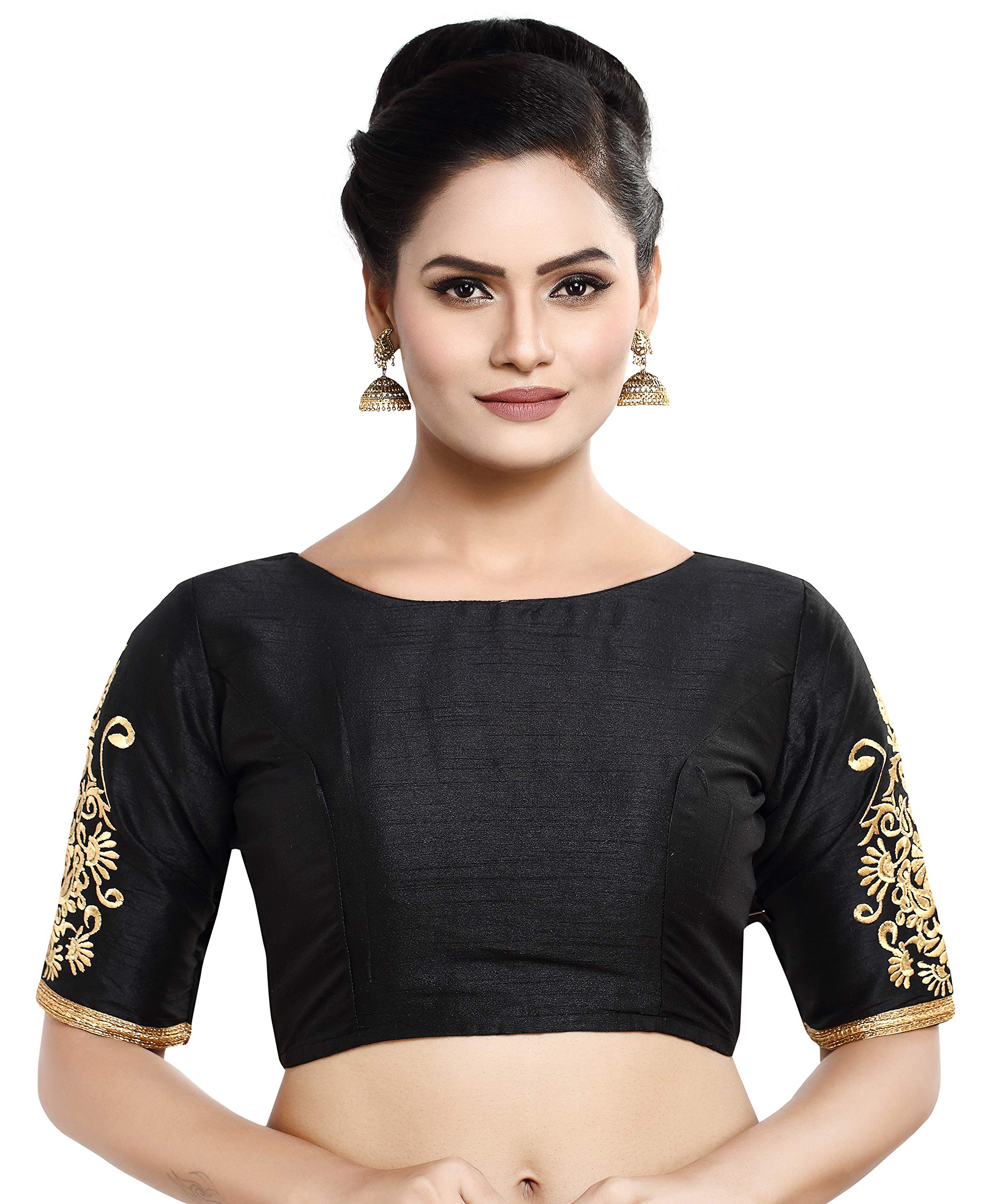 madhu fashion Women's Poly Raw Silk Readymade Saree Blouse with Embroidered Half Sleeves-picture-31
