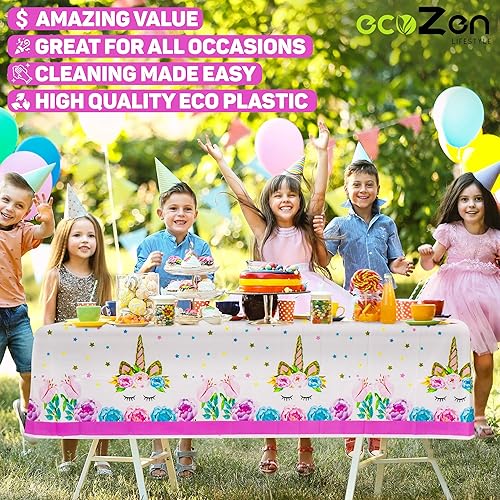 Miniatura 3 de Lifestyle - Paquete de 2 manteles desechables de unicornio extragrandes de 108 x 54 pulgadas para fiesta de cumpleaños, baby shower y decoración de