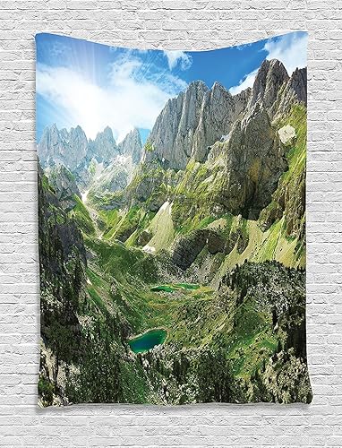 Ambesonne Tapiz de montaña, lagos de montaña, Alpes albaneses, reservas naturales, atracción turística junto al lago, arte de pared para dormitorio,