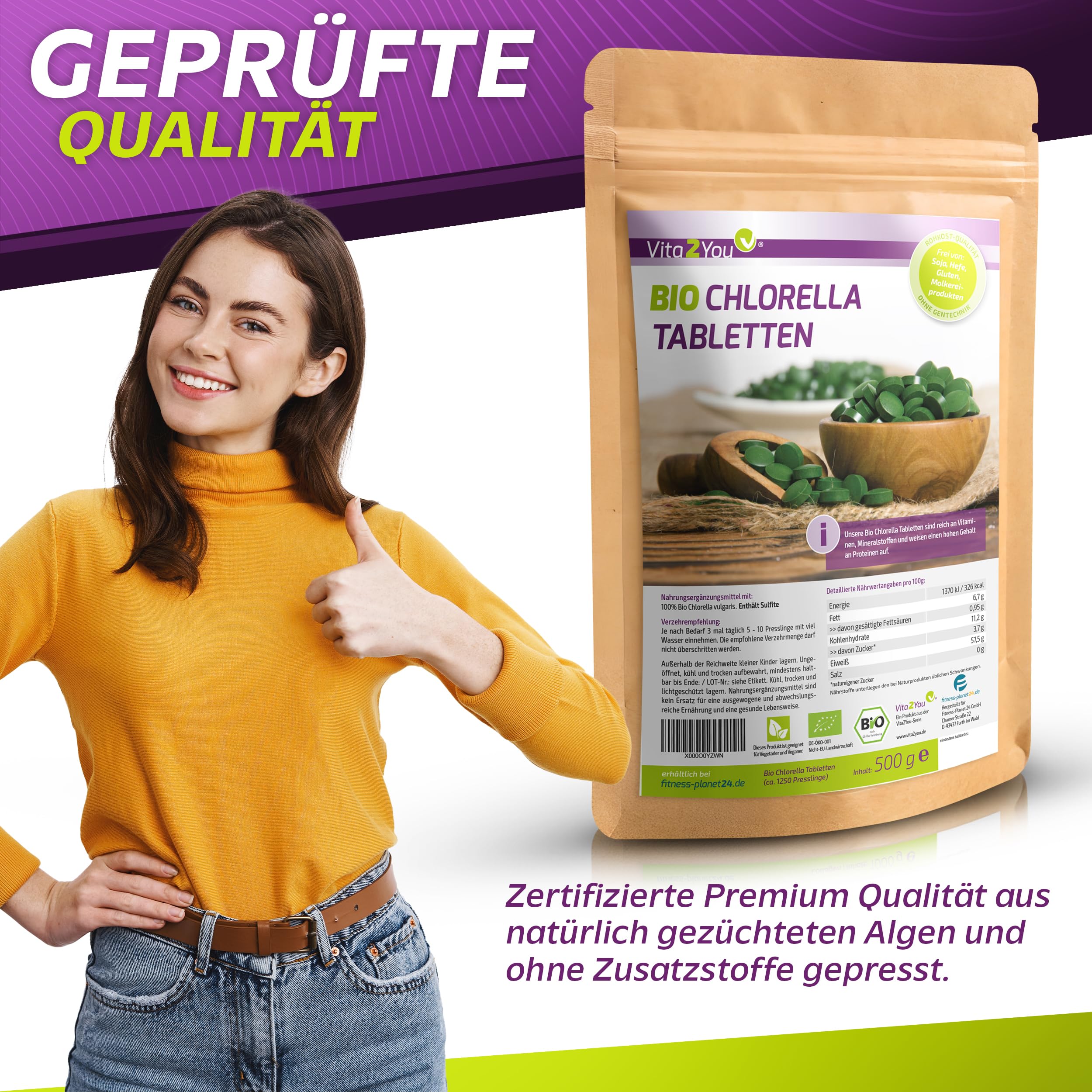 Vita2You Bio Chlorella Tabletten | 400mg pro Tablette | 1250 Presslinge | 500g Algen aus Ökologischen Anbau | Rohkost im Zippbeutel