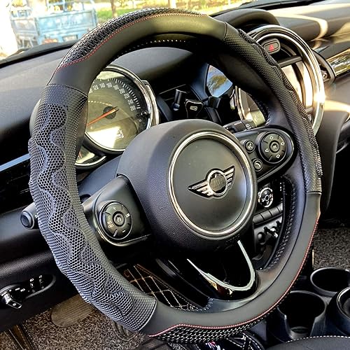 PINCTROT - Funda para volante de tamaño pequeño con diseño de panal en 3D antideslizante, 14 pulgadas (color negrocosturas rojas)