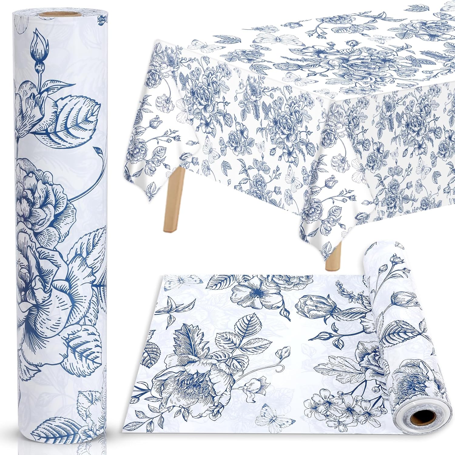 party greeting Blue Floral Tablecloth Roll 51In x 100Ft Vintage Flower Table Cloths Blue White Party Disposable Table Covers for Wildflower Bridal Shower Birthday Party Decorations Supplies (Plastic)