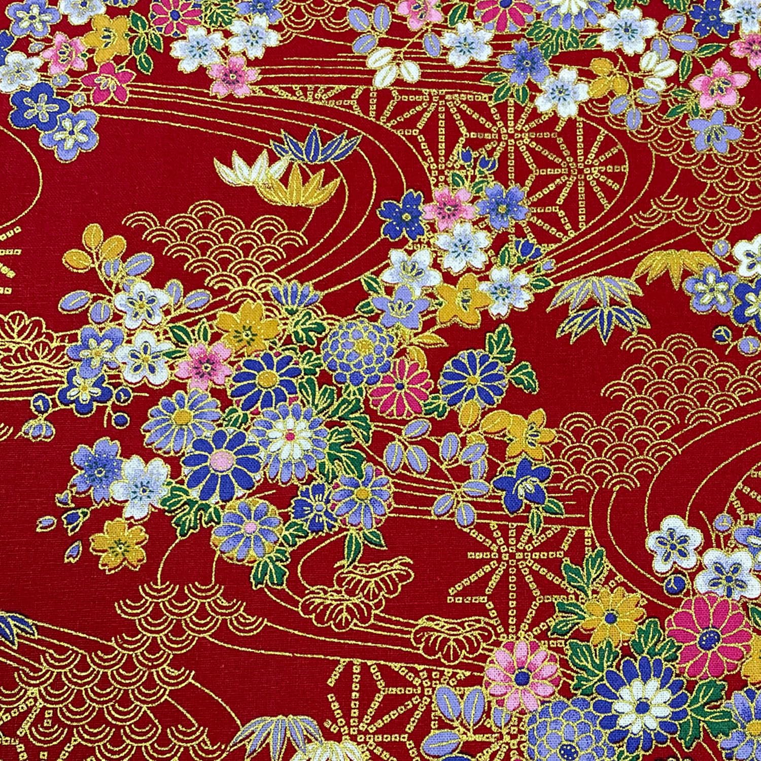Jukway Cotton Fabric by The Metre, 50x145 cm, 100% Cotton Fabrics, Bronzing Design Floral Printed Decorative Cloths for Sewing, Quilting, Crafts, Curtains, Upholstery (02- Design, Red)