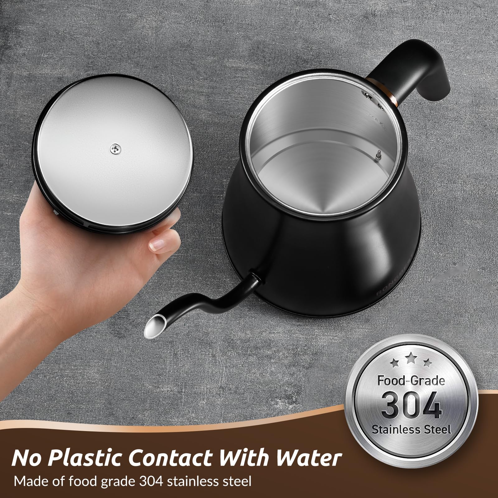 Hervidor eléctrico de cuello de cisne, 1200 W, 6 ajustes de temperatura, tapa interior e inferior de acero inoxidable, 1 litro de calentamiento rápido para café y té, negro mate 5