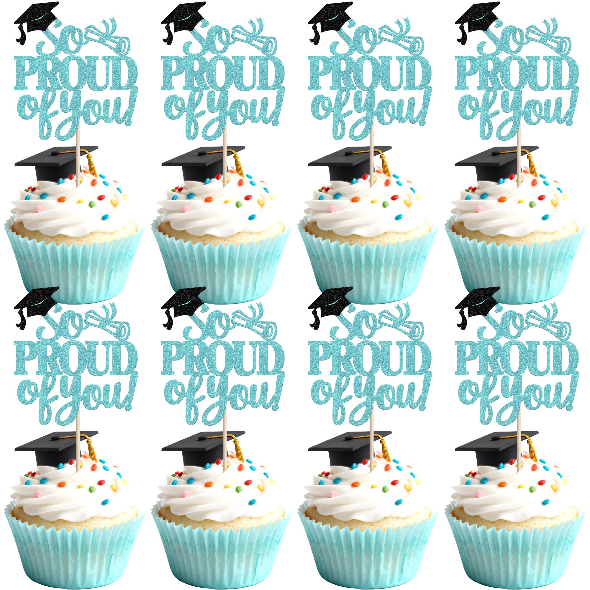 SYKYCTCY 24 Pack So Proud of You Cupcake Toppers Glitter 2026 Graduation Cupcake Picks Congrats Grad Cap Class of 2026 Cake Decorations for 2026 Graduation Theme Party Supplies Light Blue โ image 1