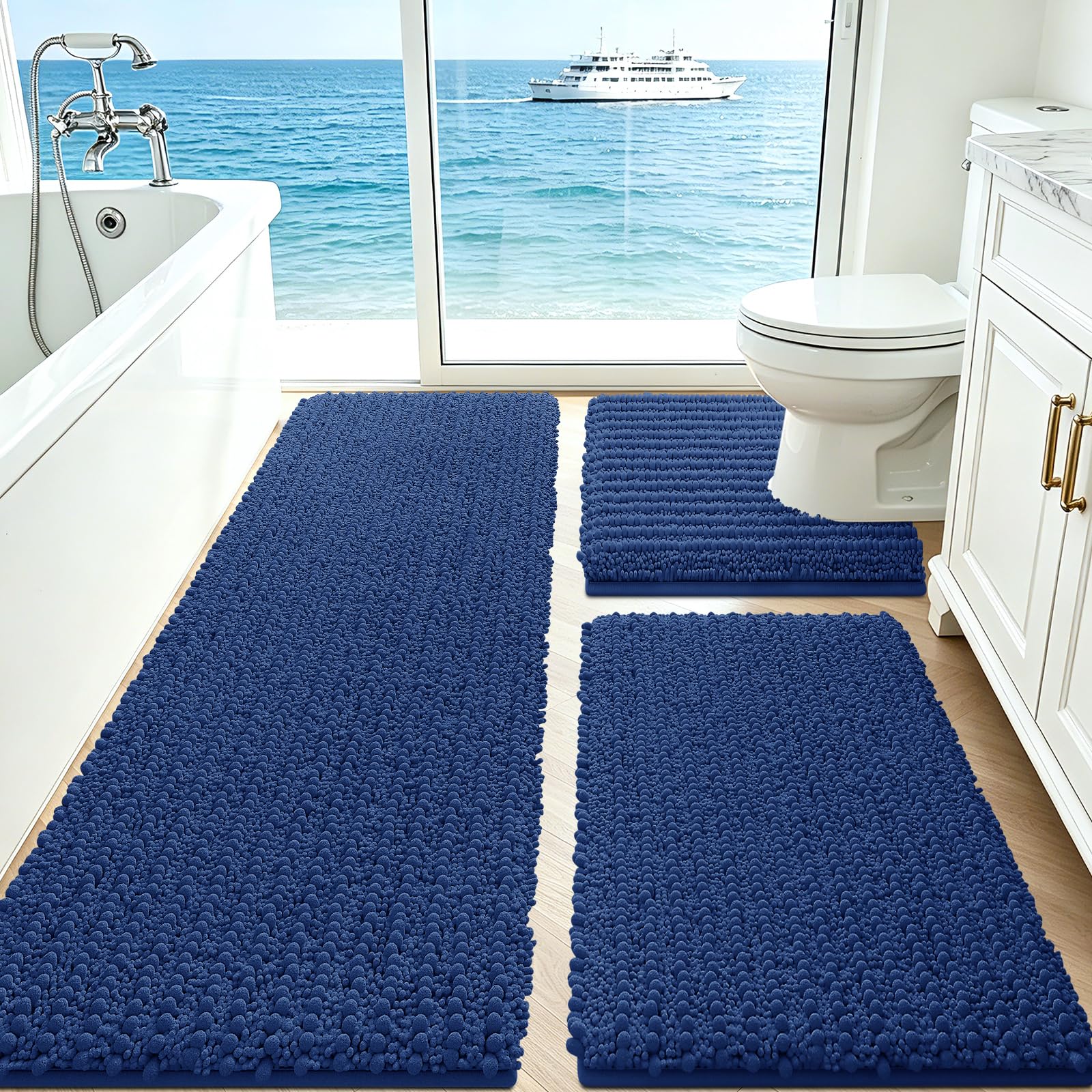 ACCUMTEK Set di 3 tappetini da bagno extra large, ultra morbidi, spessi, assorbenti, antiscivolo, in ciniglia, per bagno, camera da letto, cucina