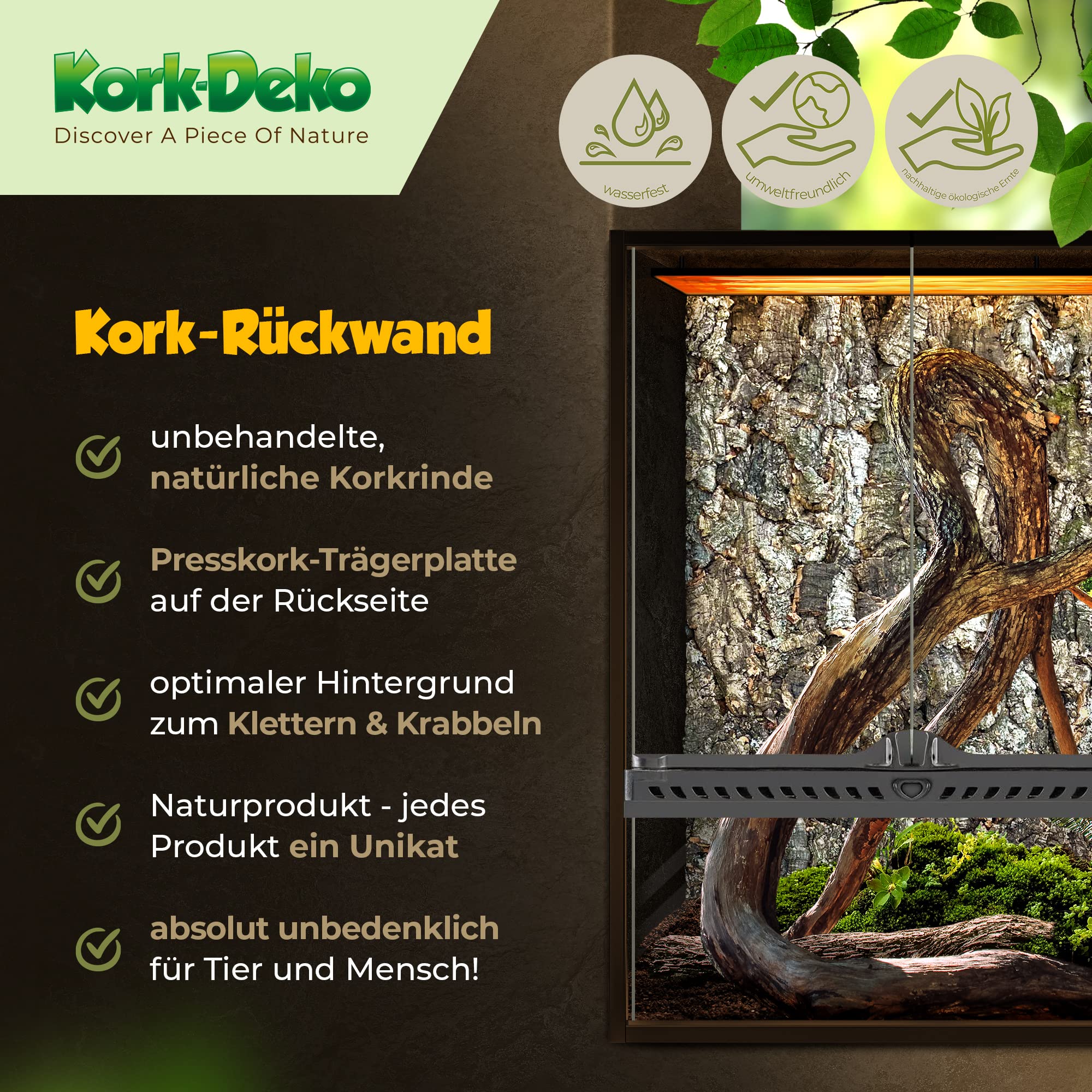 XXL Rückwand aus Kork (Rückwand aus Terrarium), extra dick (3D-Korkrückwand, Terrarium-Hintergrund aus Naturkork) 90 x 60 cm