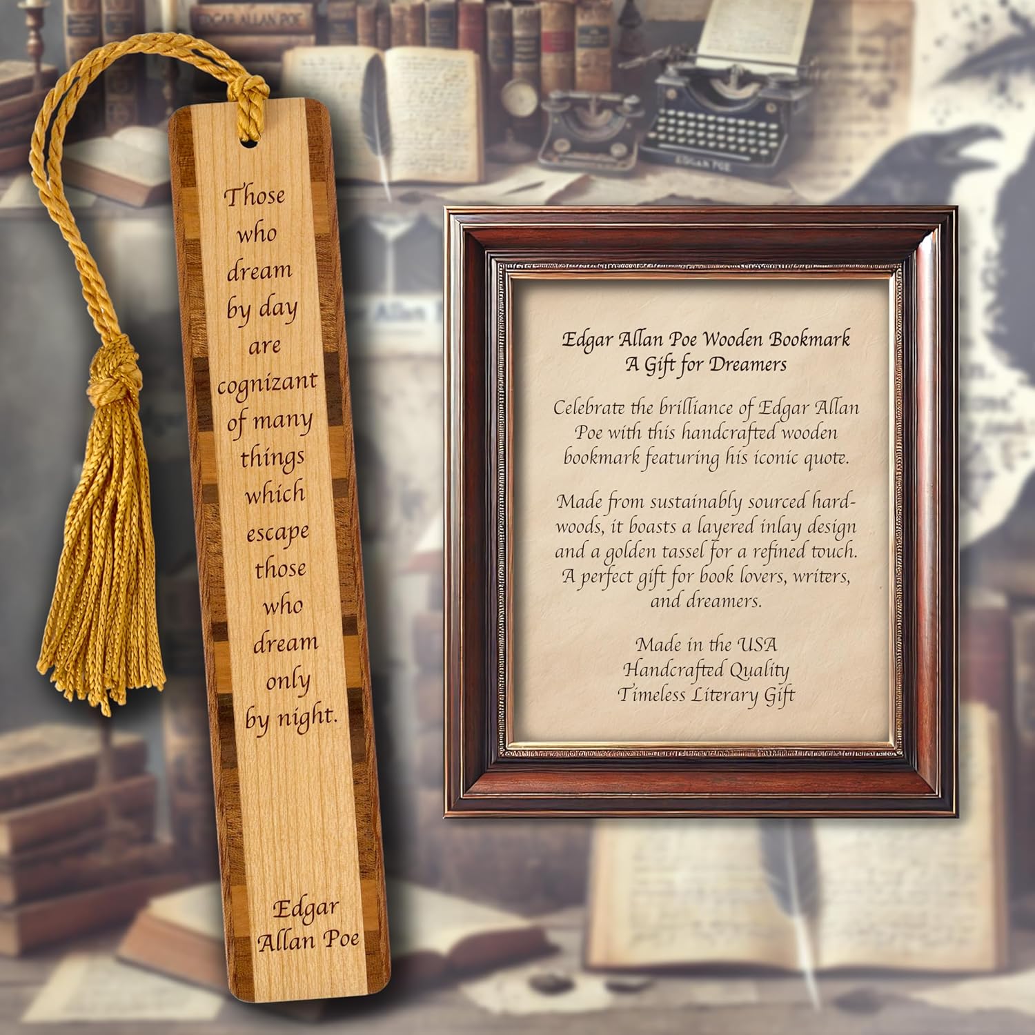 Personalized Edgar Allan Poe Daydreaming Quote, Engraved Wood Bookmark with Tassel - Made in USA