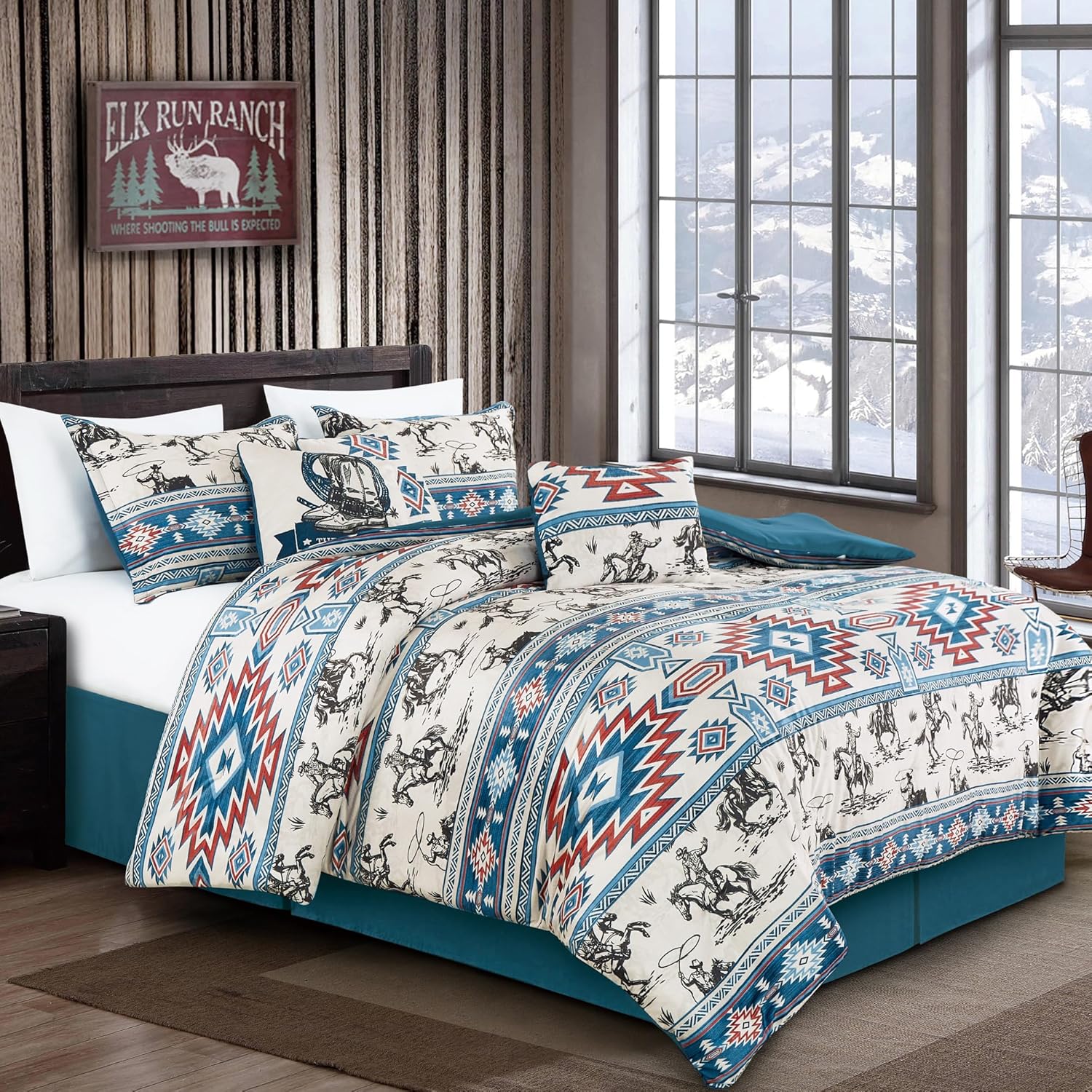 WPM WORLD PRODUCTS MART 7 Piece Western Cowboy Bedding Set, Southwestern Aztec Pattern Velvet Comforter, Ranch Farmhouse Style Teal and Red Horse Riding Design (Queen)