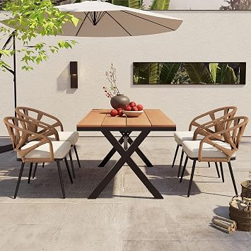 Contemporary Outdoor Set with PE Rattan Chairs and Plastic Wood Table,Suitable for Gardens and Lawns Dark Yellow
