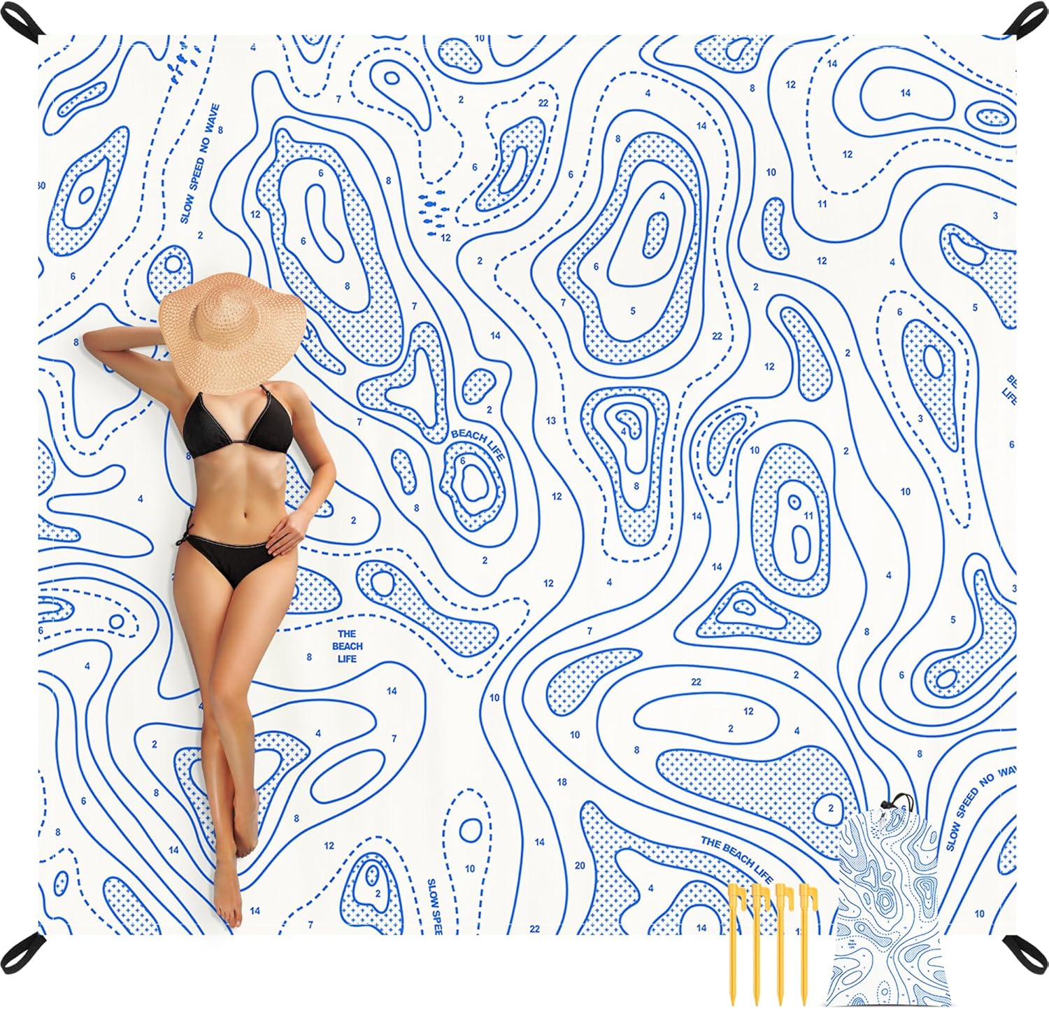 110''×118'' Oversized Beach Blanket for 4-8 Adults, White Waterproof Sandproof Picnic Blanket, Lightweight Foldable Sand Free Outdoor Mat w/ 4 Stakes & Portable Carry Bag for Travel, Camping, Hiking