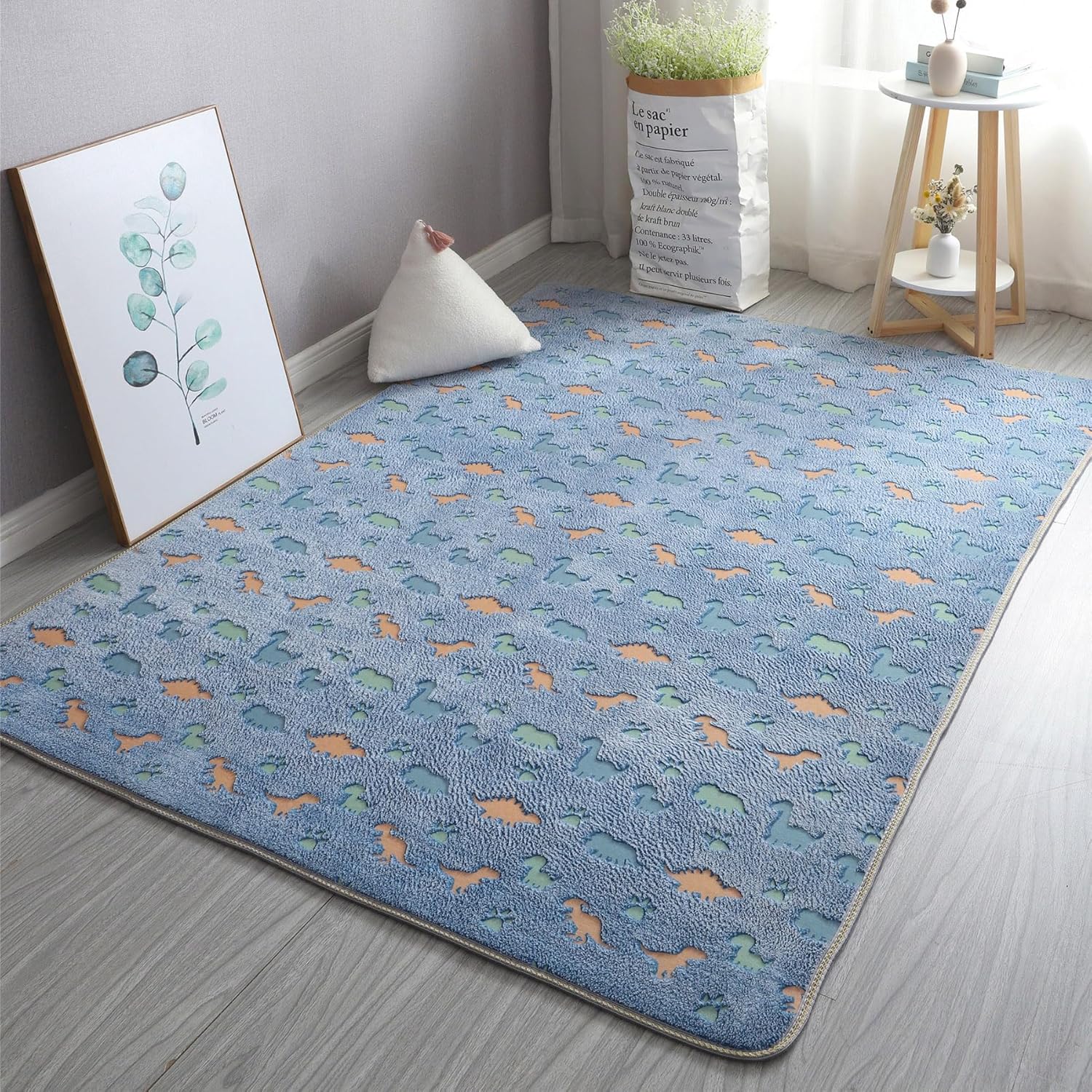 Unique Area Rugs, Glow in The Dark Rug Luminous Carpet for Kids Bedroom, Cute Little Blue Dinosaur 2.6x4 Feet